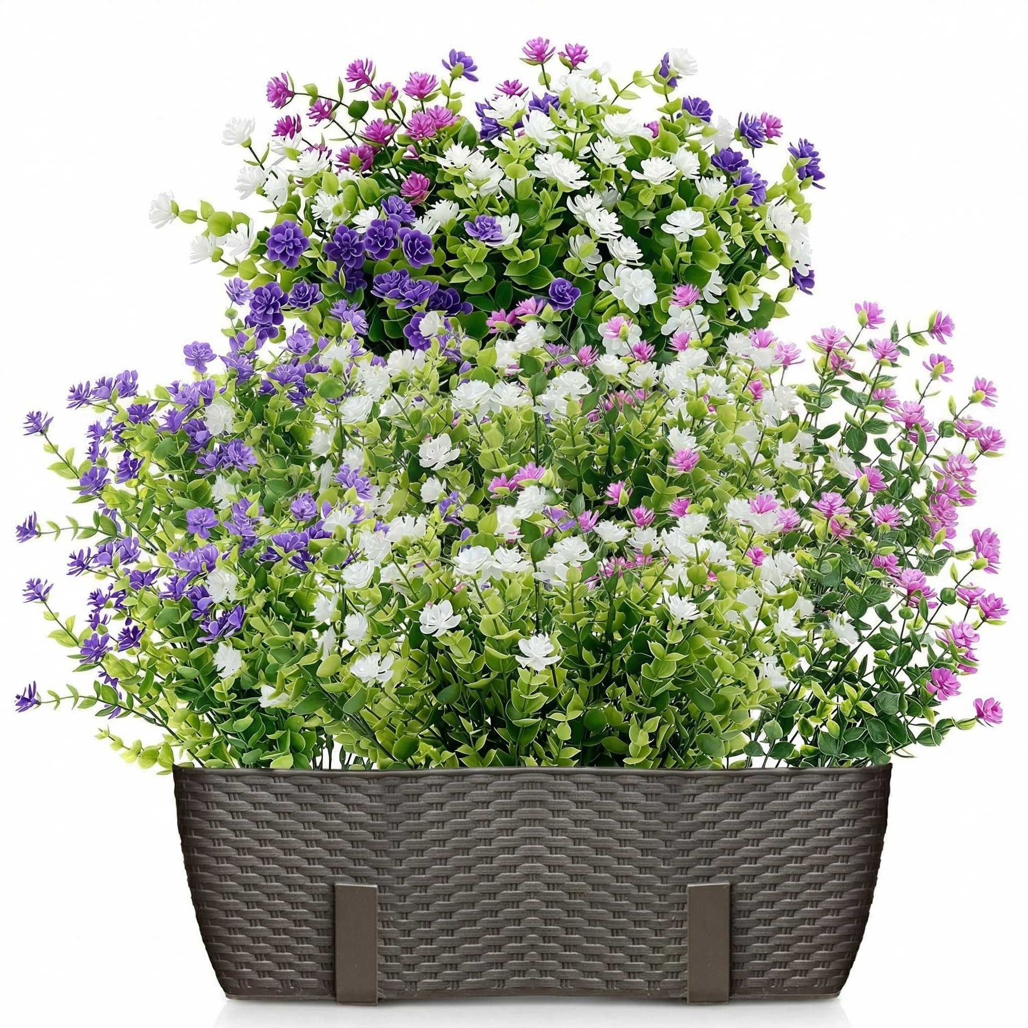 Qwork White, Purple, Fuchsia, Green Qwork® 8 Bundles Artificial Flowers, Fake Flowers, Faux Green Shrubs Plants, Purple, White, Fuchsia For Outside Indoor Decorations