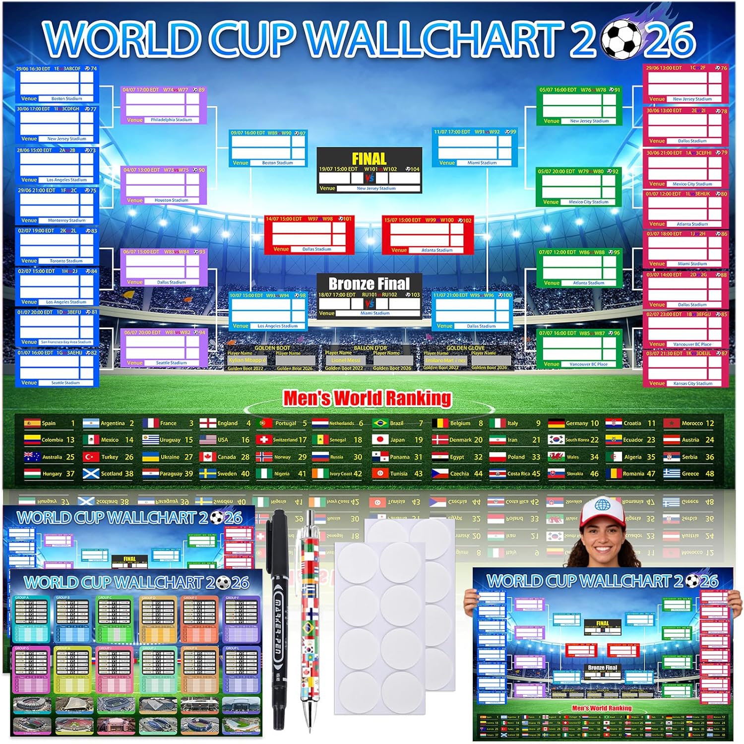 2026 Schedule Poster Set - 2 PCS Large 60x84cm Tournament Wall Chart with Ball 2026 Design, No Crease Matte Finish, Includes Marker & Accessories for Fixture Tracking - Soccer Fans Gift & Decor (3)