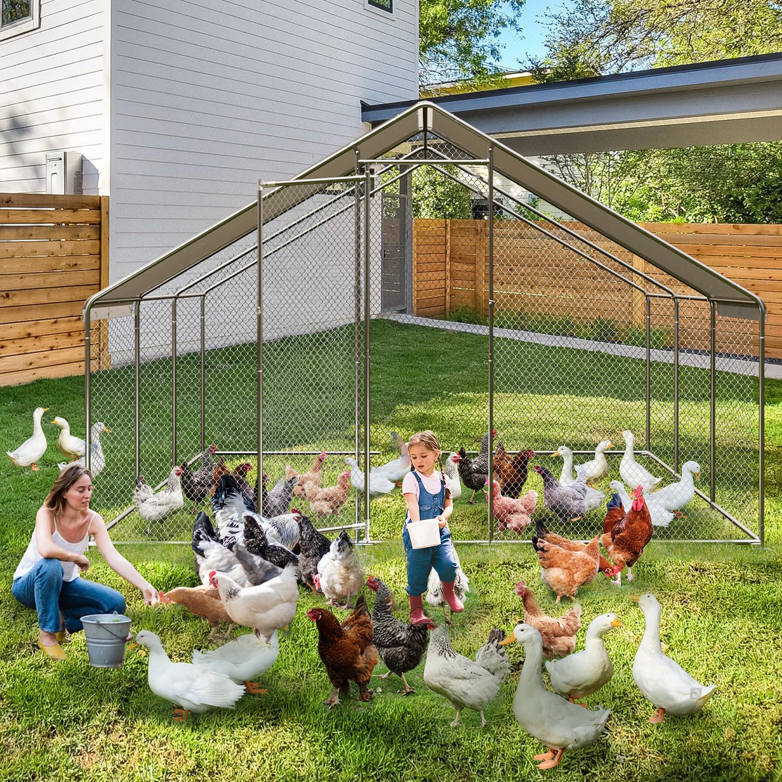 Garvee - Gran recinto para aves de corral de metal para granja y jardín, techo impermeable y protección contra rayos UV, seguridad óptima para gallinas, patos, conejos y animales pequeños, montaje