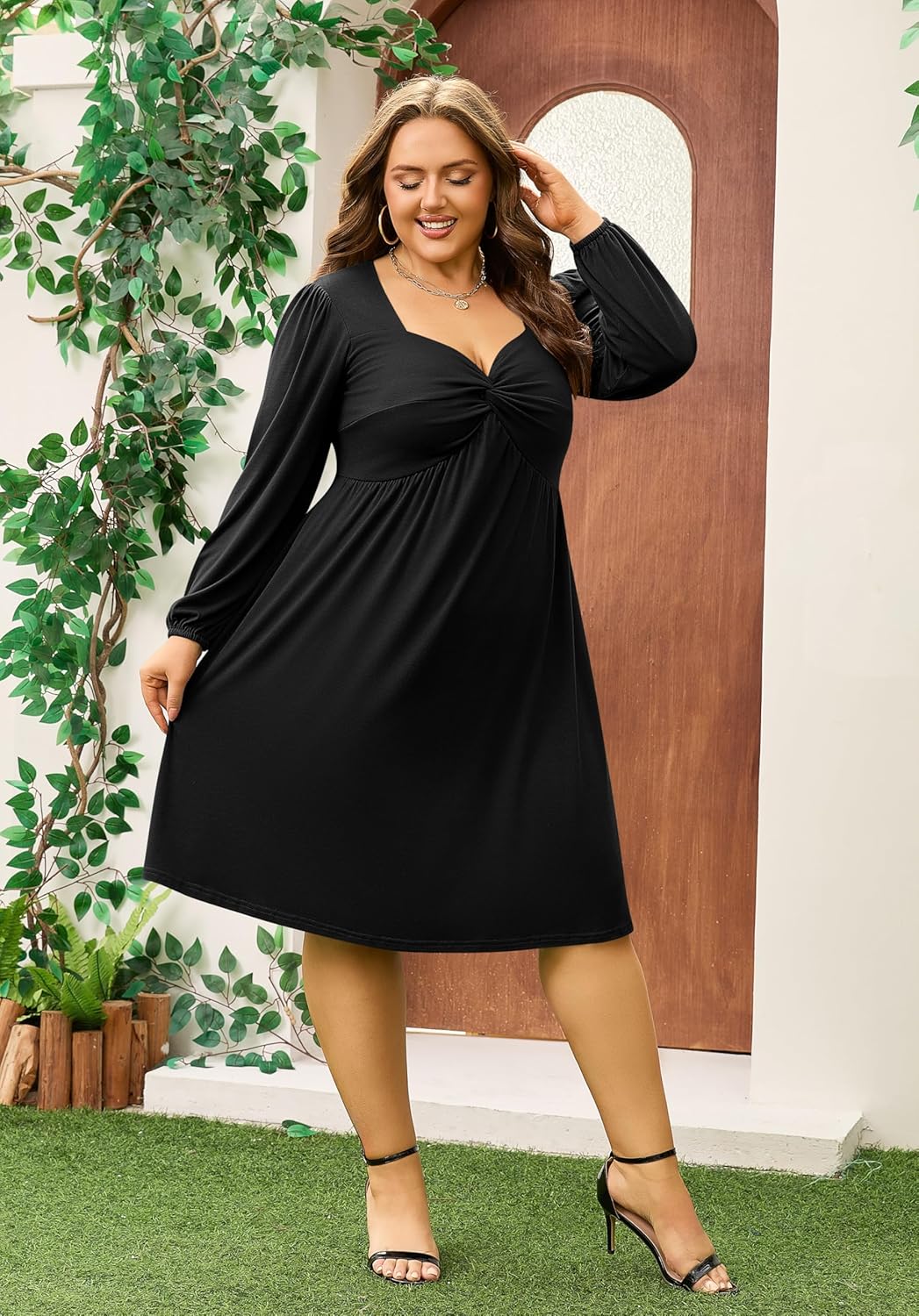 AMCLOS Women's Plus Size Square with Deep V Neck Sexy Flowy Dress Twist Knot Front 2 Pockets Long Sleeve Casual Party Work - Image 5