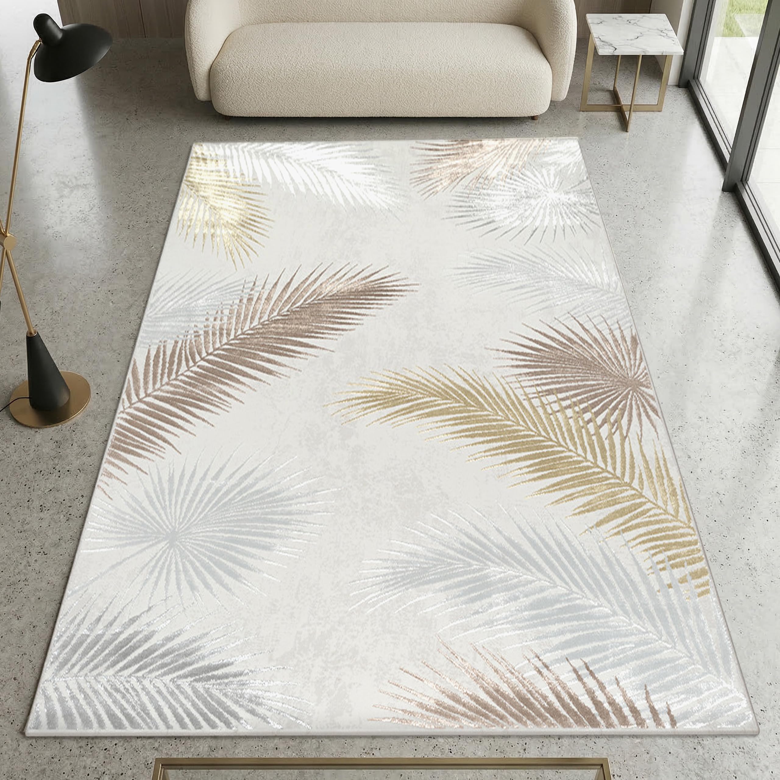 Tapis de salon crème feuille de palmier 200x290 cm moderne
