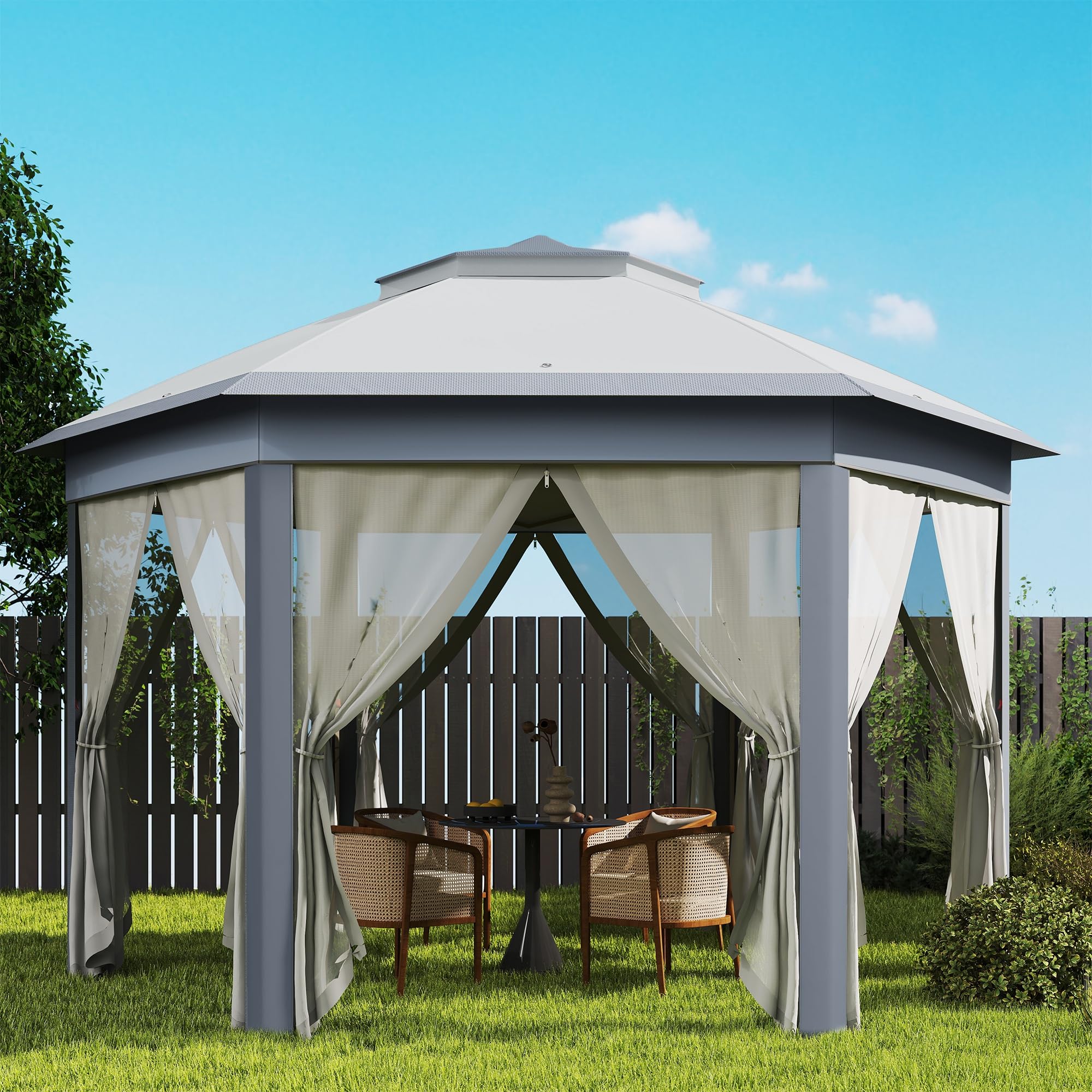 Outsunny Carpa Plegable 4x3,4 m, Cenador de Jardín Hexagonal con Doble Techo, 6 Mosquiteras Extraíbles y Bolsa de Transporte, Impermeable, Anti-UV para Exterior, Fiestas, Gris