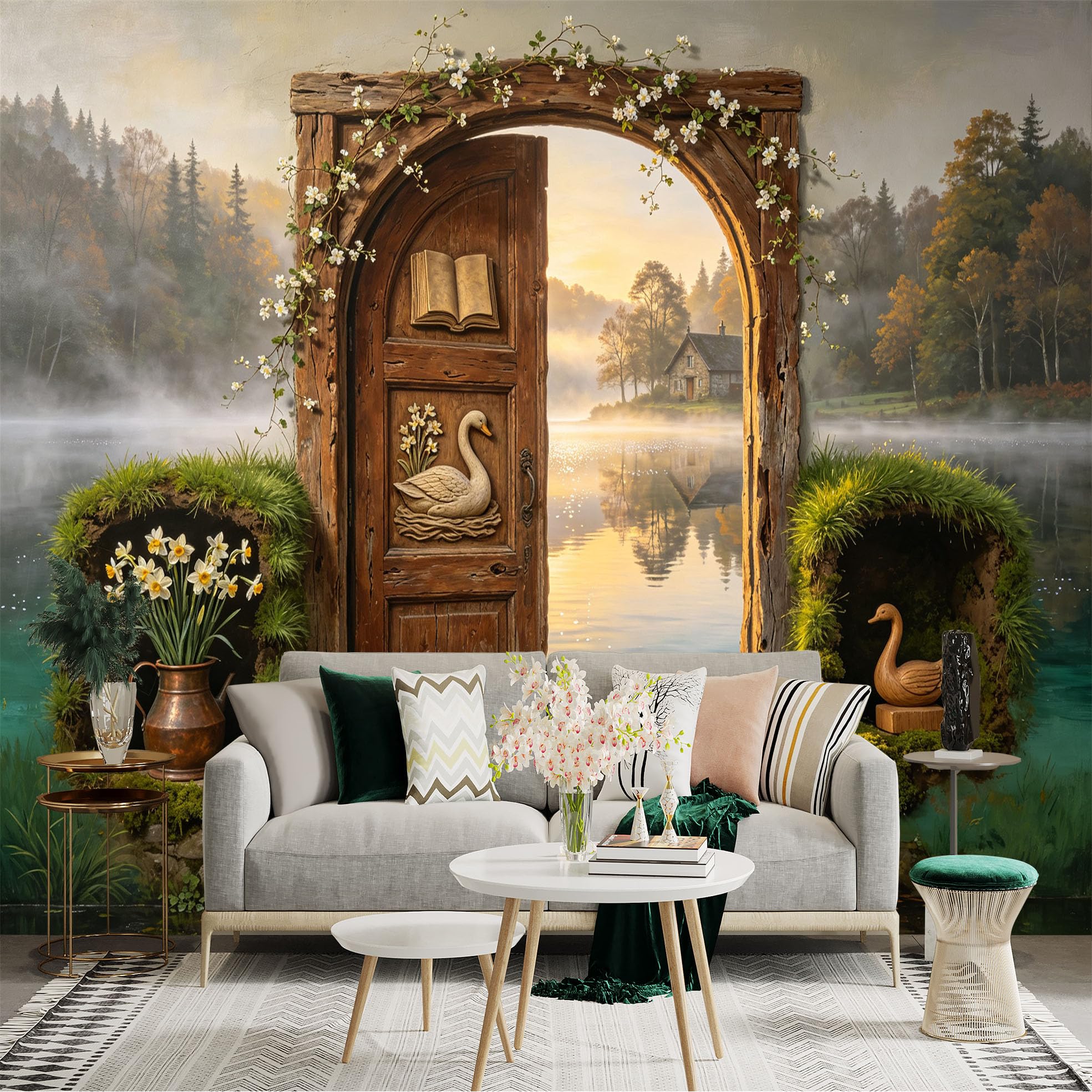 Custom Size Wall Sticker Mural， Rustic Wooden Door with Swan Lake and Cottage Landscape， for wall Decoration， peelandstick wall Decals.
