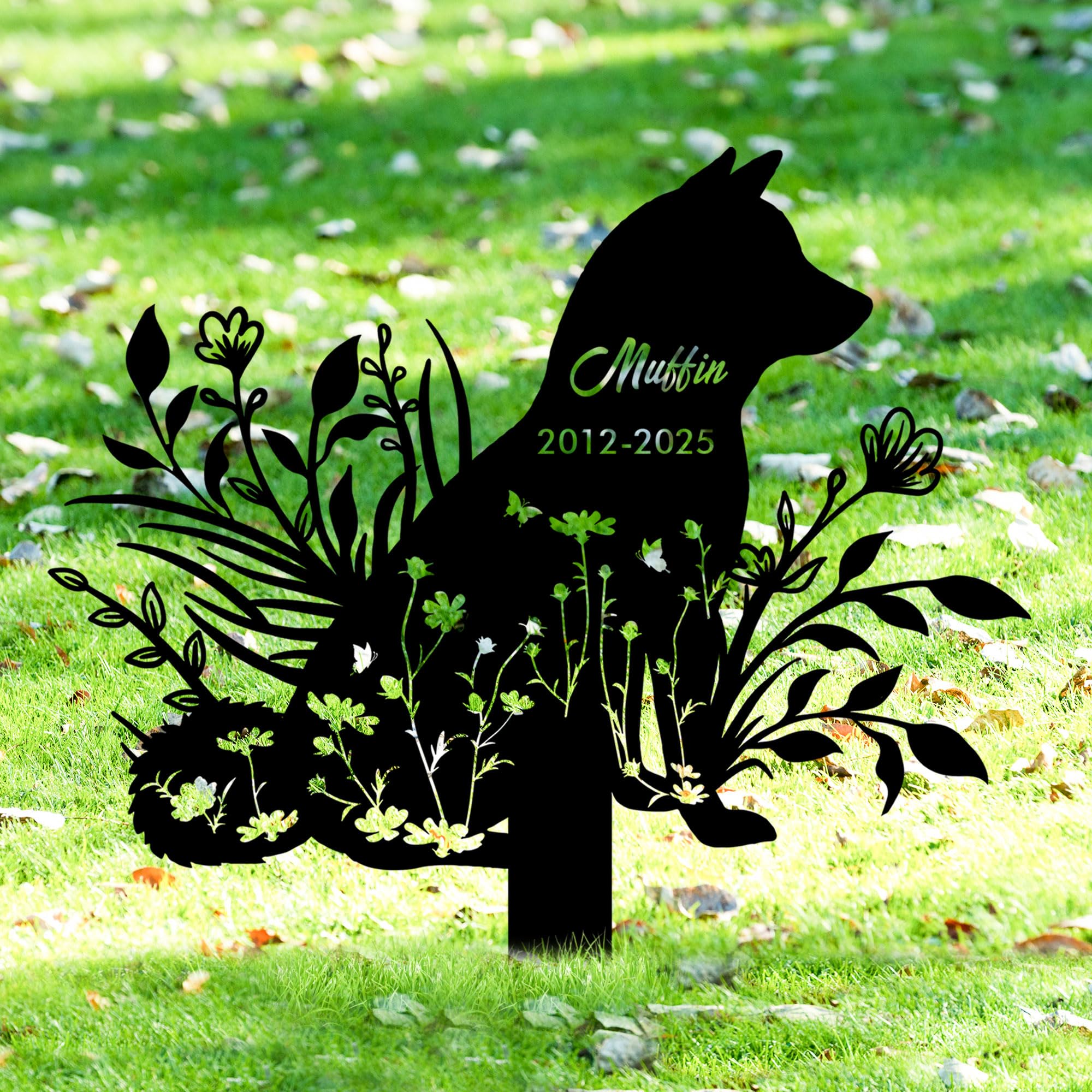 GMDLSK Personalized Dog Memorial Garden Stake - Custom Metal Grave Marker with Floral Engraving - Outdoor Pet Tombstone for Cemetery Decor - Durable Black Dog Headstone Memorial Gift
