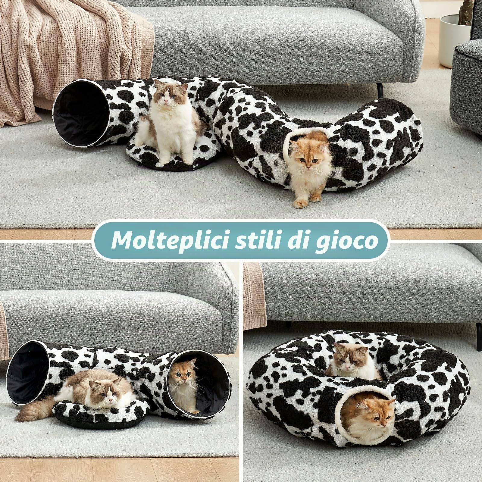 COZY KISS Tunnel per Gatti Interni con Letto, Tunnel con Due Entrate, Cuccia Con Cuscino Lavabile, Peluche Morbida, Interattivo per Cuccioli/Gattini/Conigli (Bianco & Nero, 85D)