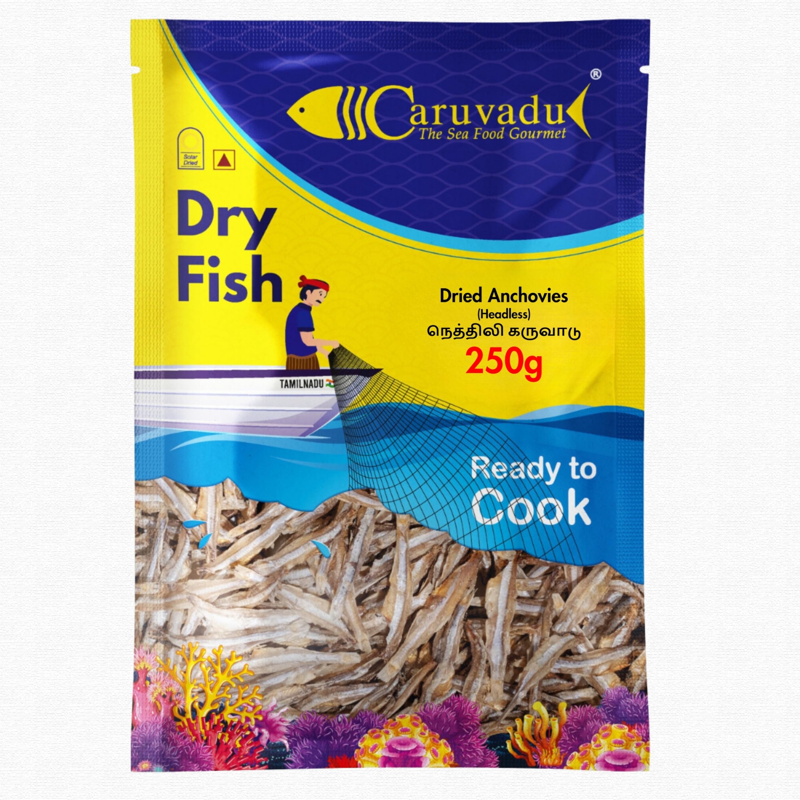 Dried Anchovy (Headless) 250g | Premium Nethili Karuvadu | Solar-Dried, No Preservatives | Hygienically Packed Dry Seafood