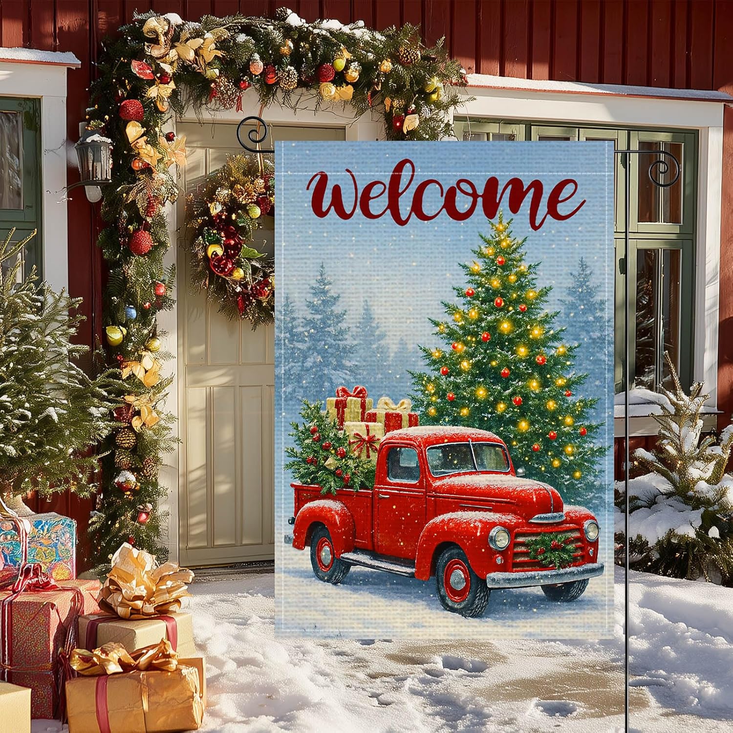 Welcome Christmas Tree Garden Flag Double Sided 12x18 Inch Burlap Red Truck Garden Flag Presents Snow Winter Scene Seasonal Flags Christmas Holiday Flags for Patio Lawn Decoration - Image 3