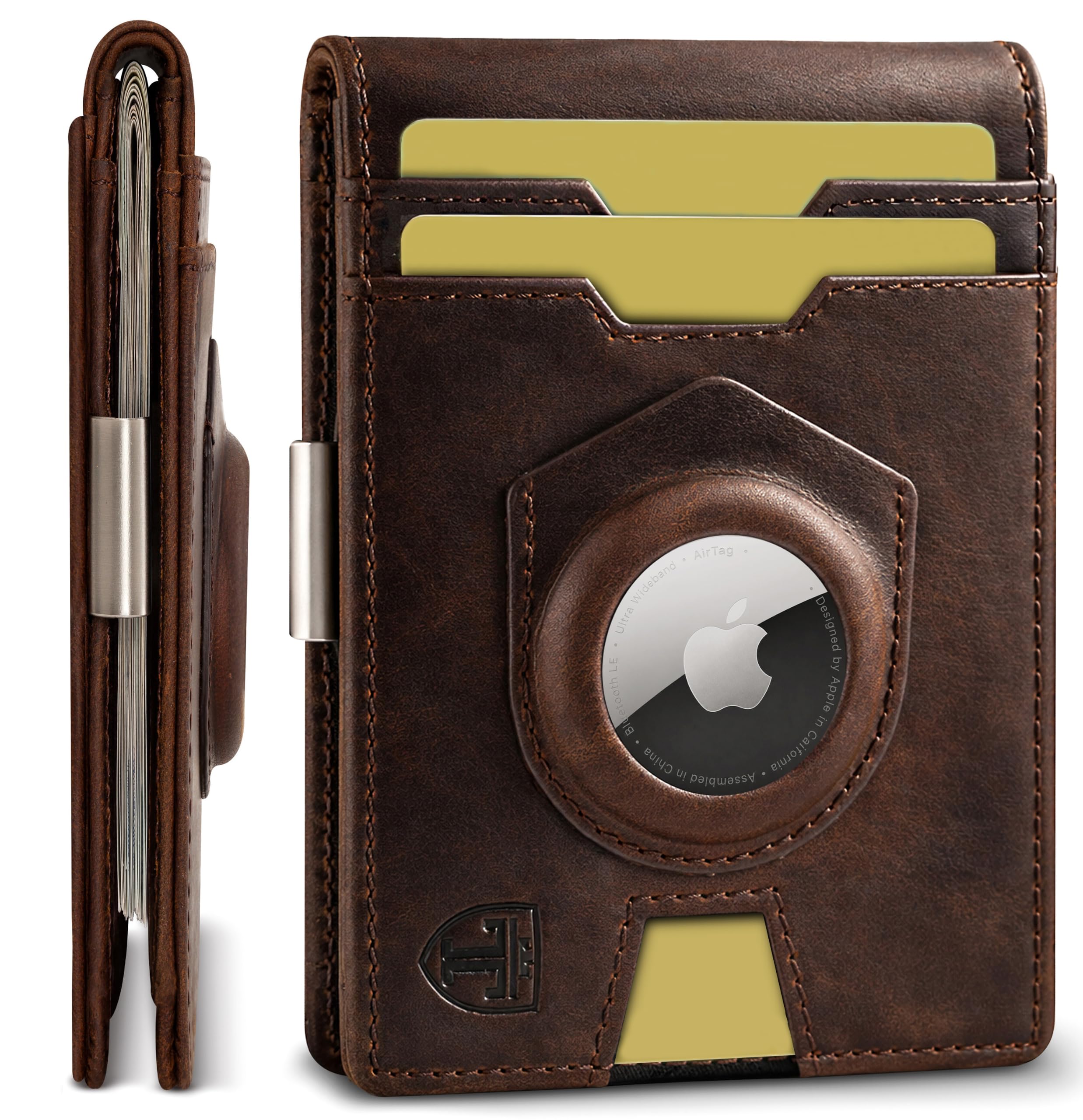 TRAVANDO Money Clip Wallet with AirTag Pocket - RFID Protected Leather Wallet for Men for 11 Cards - including Gift Box (Vintage Brown)