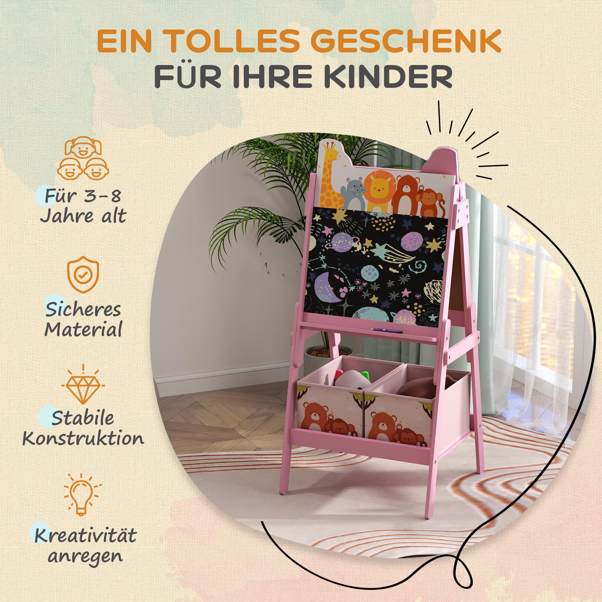 AIYAPLAY 2-in-1 Kindertafel, doppelseitige Kinder Staffelei, Staffelei mit Kreidetafel, Whiteboard, Aufbewahrungsboxen, für Kinder 3-8 Jahre, Rosa