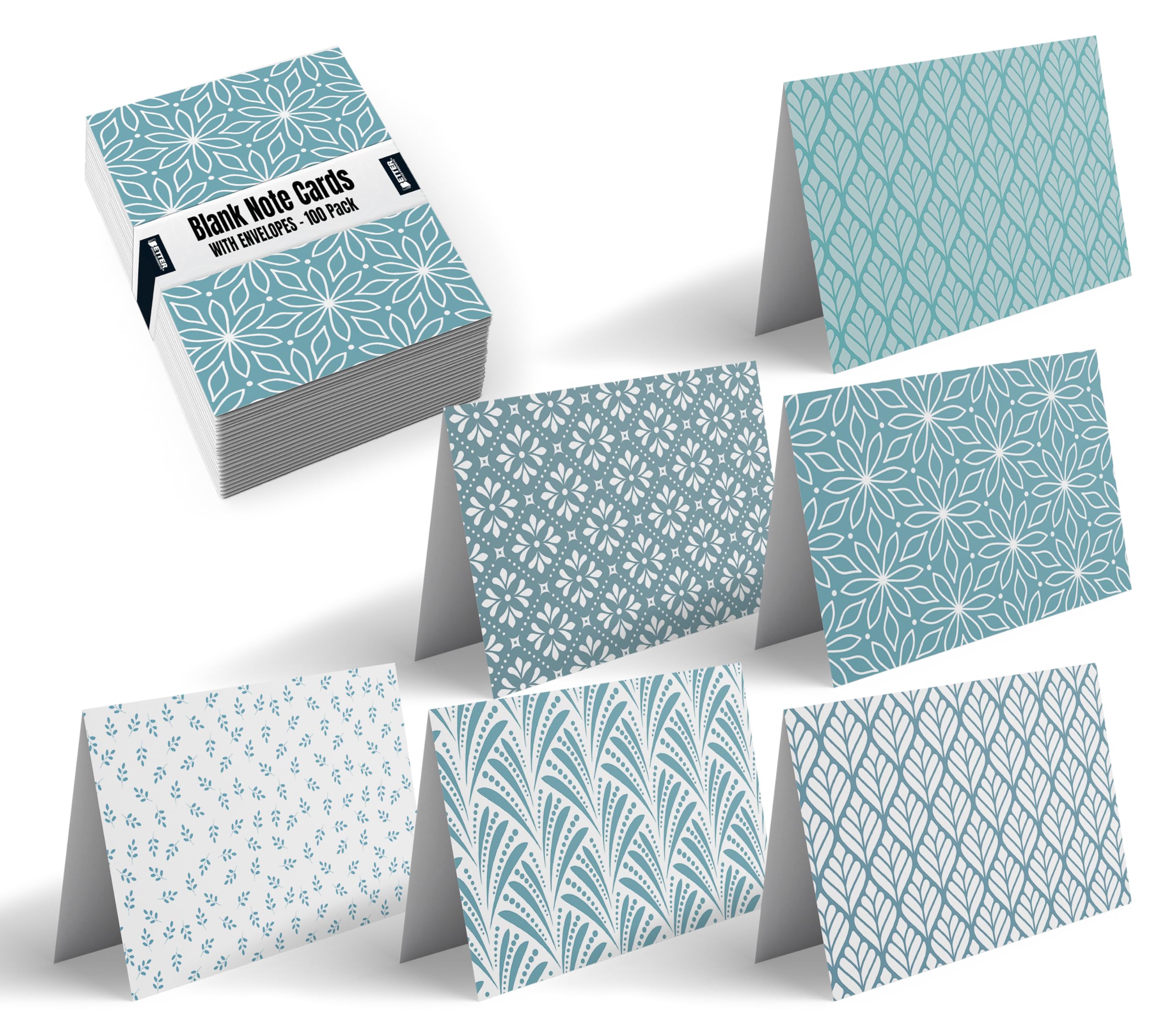 Better Office Products 100-Pack All Occasion Greeting Cards, Assorted Blank Note Cards, 4 x 6 inch, 6 Blue Hue Floral Designs, Blank Inside, with Envelopes, 100 Pack