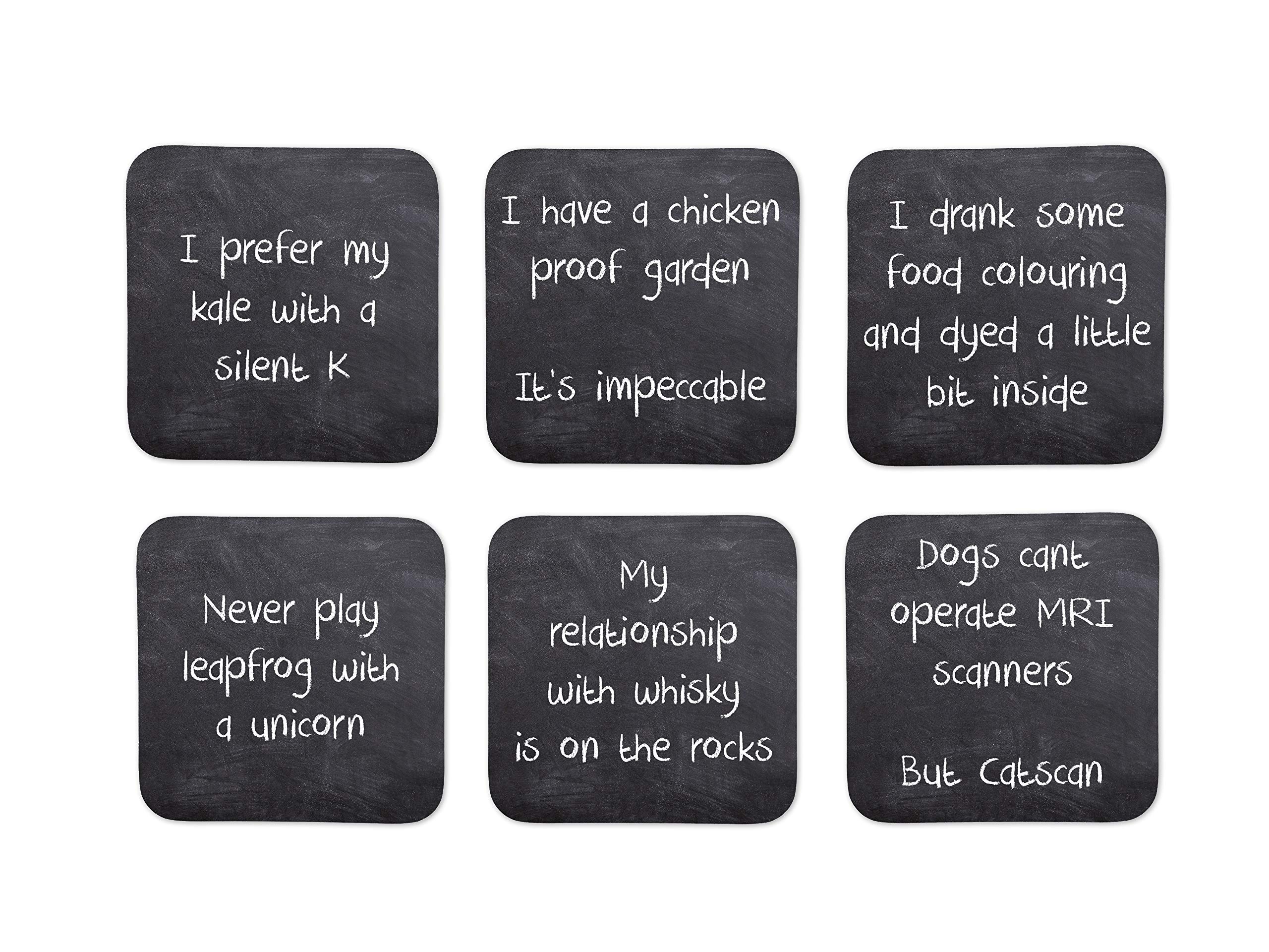 MakeThisMine Funny Puns Novelty Printed Pack of 6 Chalk Board Effect Coaster Sets Ideal Humorous Gift for Lovedones Friends Family Colleague(Set 3)