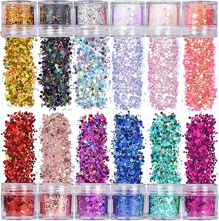 Amazon Runsdeep 12六角形 グリッター 容器入り キラキラ ネイルパーツ ネイルアート ラメグリッター ラメパウダー 顔 ボディ ヘア飾り クリスマス パーティー Runsdeep グリッター ラメ 通販