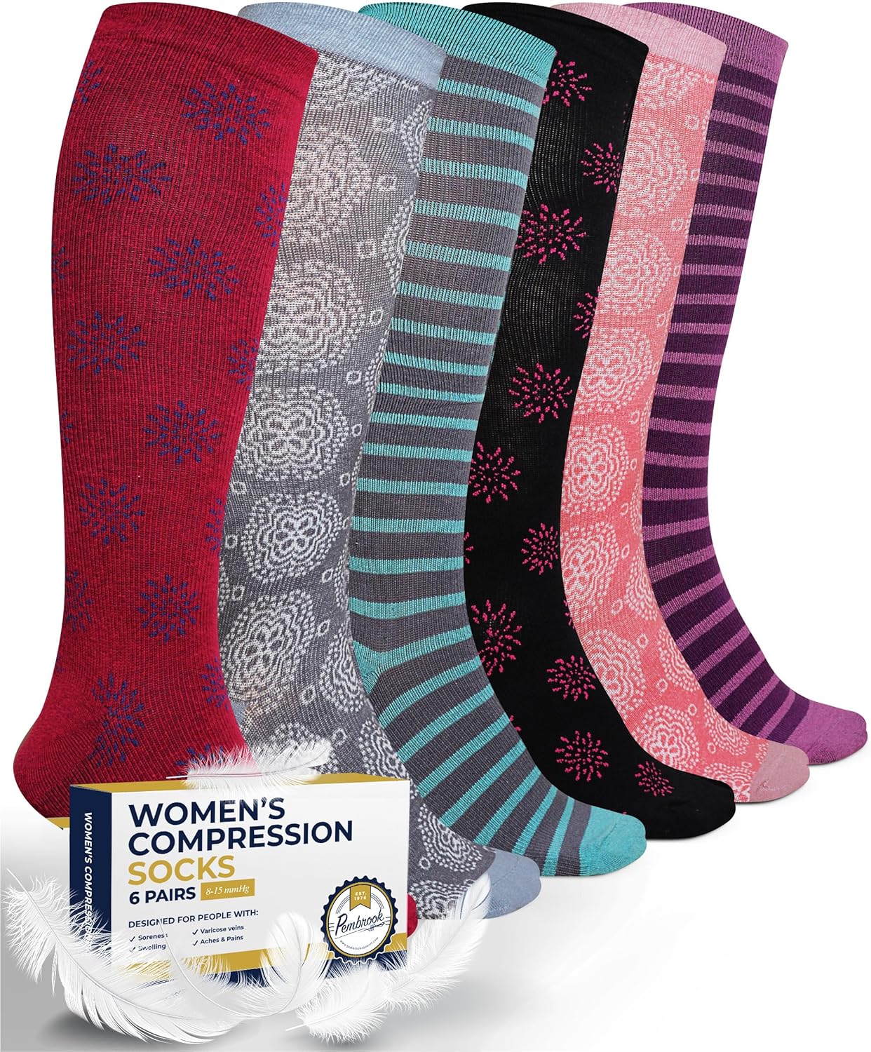Pembrook Light Compression Socks for Women - 6 Pairs | 8-15 mmHg Cotton Compression Socks Women | Circulation Support