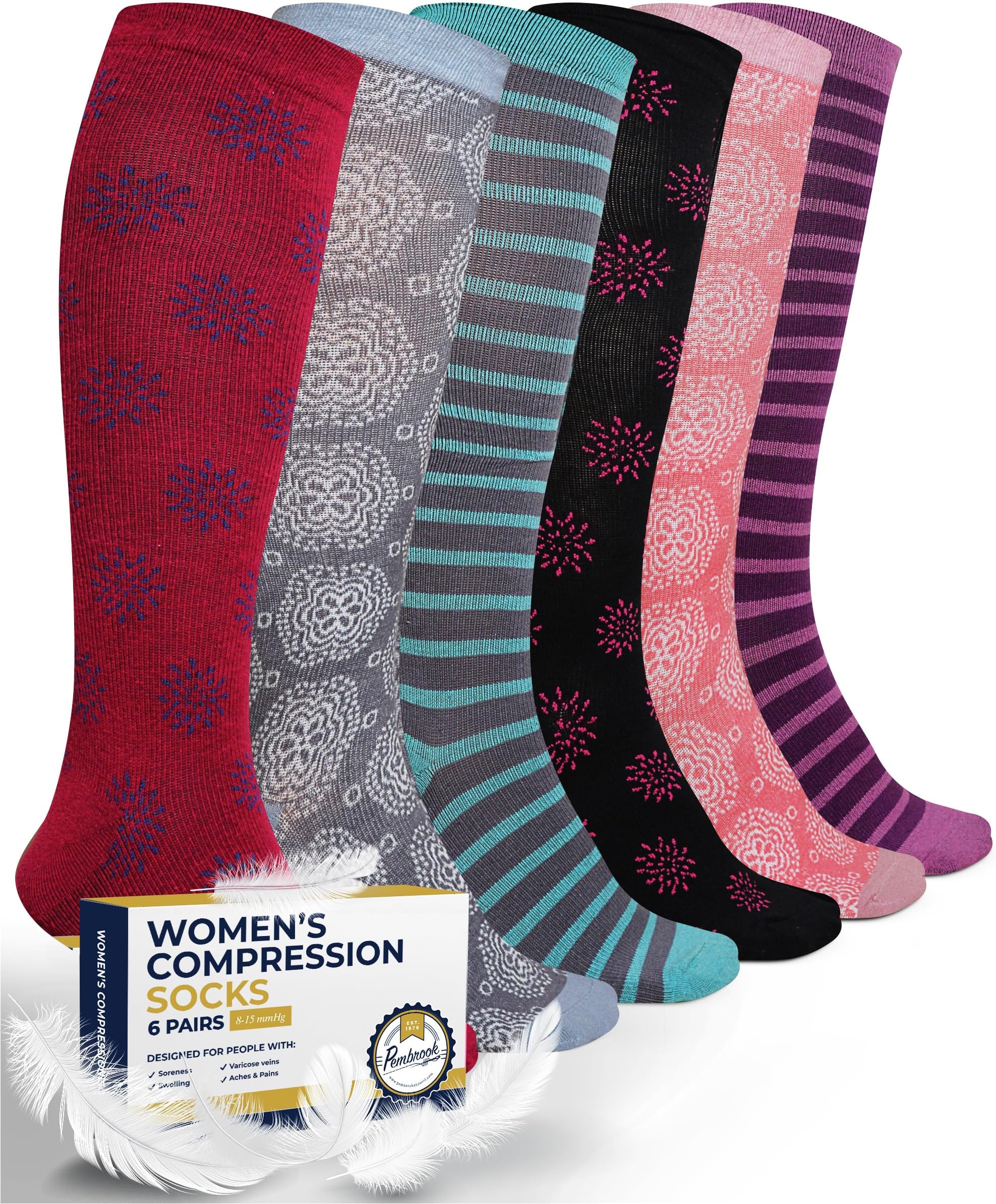 Pembrook Light Compression Socks for Women - 6 Pairs | 8-15 mmHg Cotton Compression Socks Women | Circulation Support