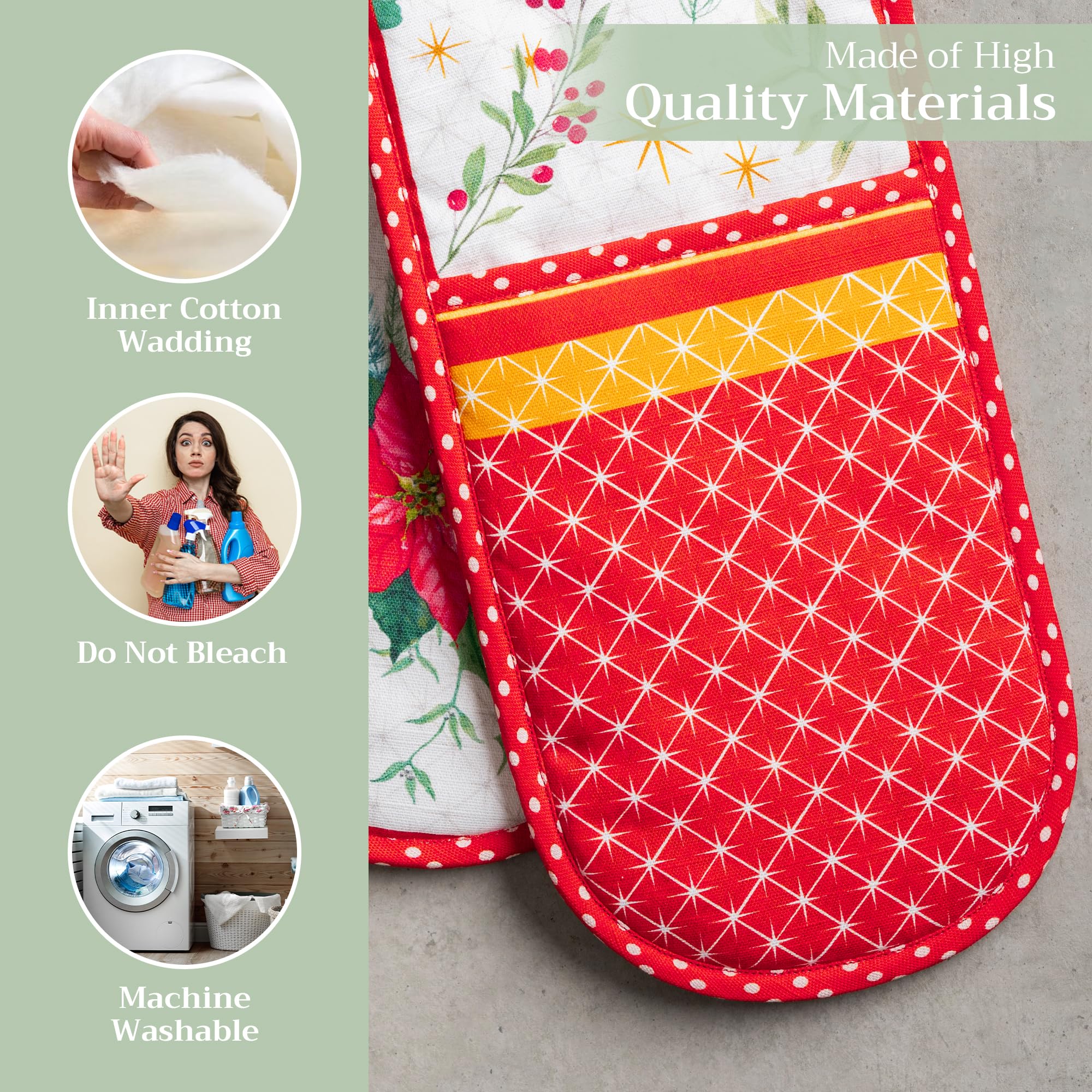 Maison d' Hermine Double Oven Mitt (18 cm x 89 cm) 100% Cotton Heat Resistant BBQ Cooking Gloves with Loop for Christmas Decorations Baking Cooking Barbeque Handling Hot Pan (Poinsettia Christmas) - Image 4