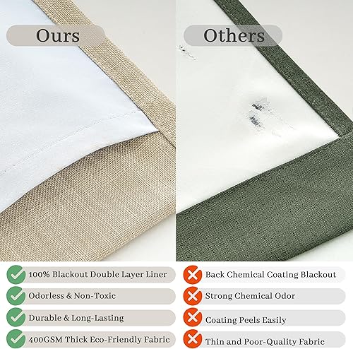 Miniatura 5 de Juego de 2 paneles de cortinas opacas de lino grueso natural, plisado, con 100% bloqueo de luz, eficiencia energética, para dormitorio, 40 pulgadas