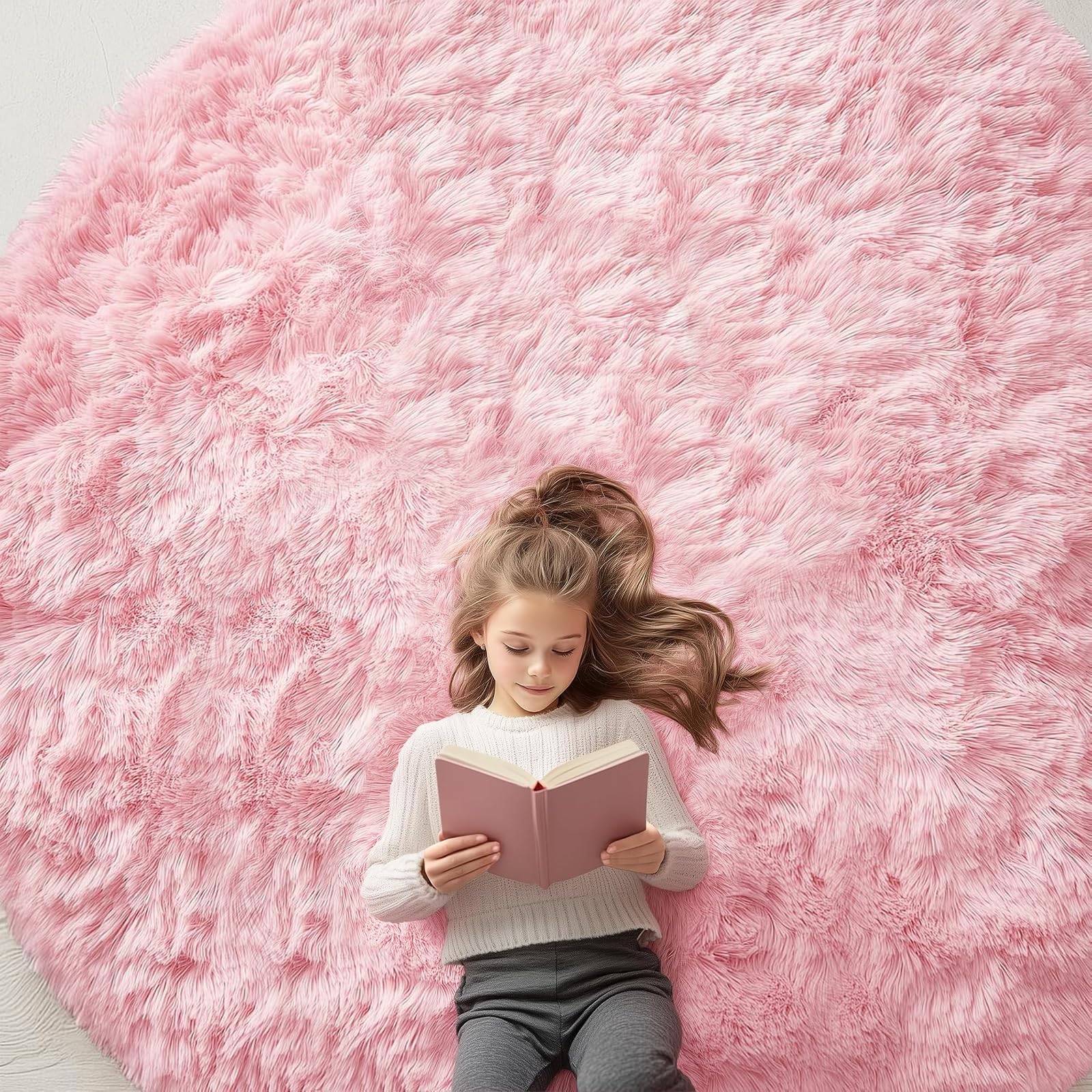 OLANLY Pink Round Rugs for Bedroom - Machine Washable, 8x8 Feet Circle Area Rugs for Living Room, Soft and Fluffy Shaggy Carpet for Teen Girls and Boys, Dorms, Nursery Rooms, Home Decor Aesthetic — image 1