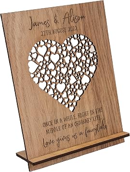 Manta Makes Personalised Wedding Gifts For Bride And Groom Engagement Couples Keepsake Plaque Etched With Chosen Names And Date 4mm Thick Oak Finished Wood 11cm By 16cm