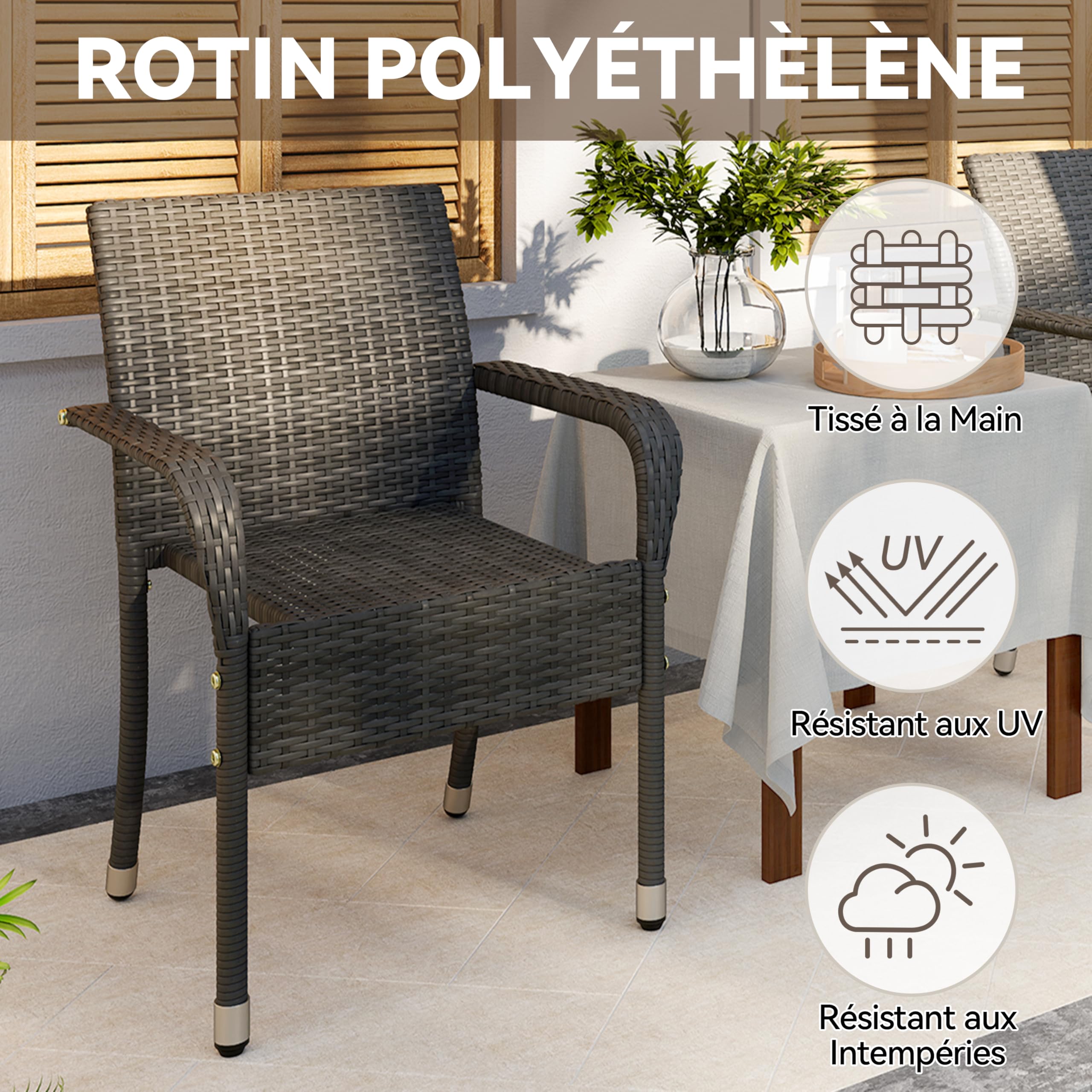 Abician Lot de 6 Chaises de Jardin en Rotin Synthétique Fauteuils Empilables d'Extérieur avec Accoudoirs Cadre en Métal Terrasse Véranda Balcon Salon Salle à Manger Gris