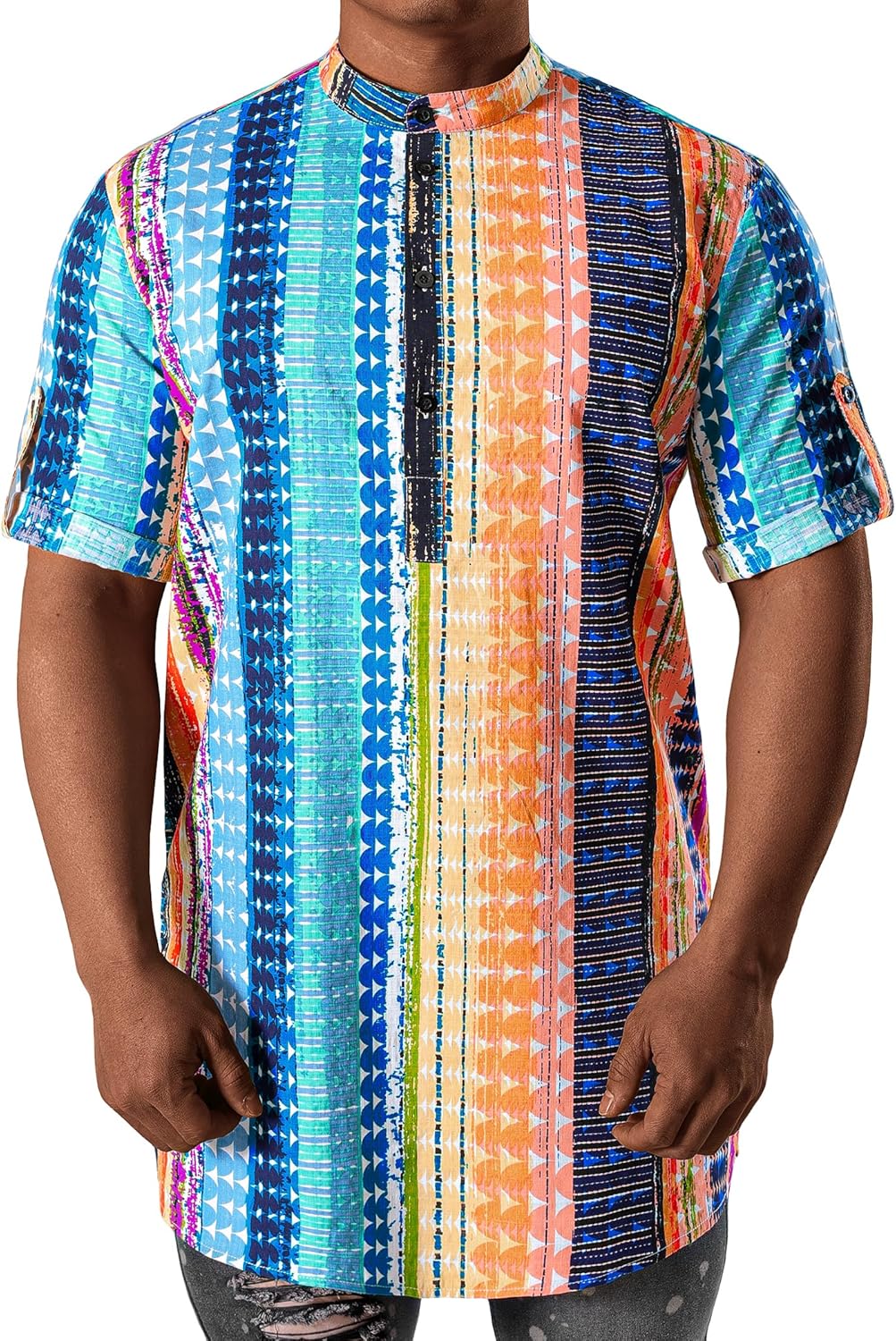 JOGAL Mens Striped Henley Shirt Short Sleeve Traditional African Style Dashiki Shirts - Image 2