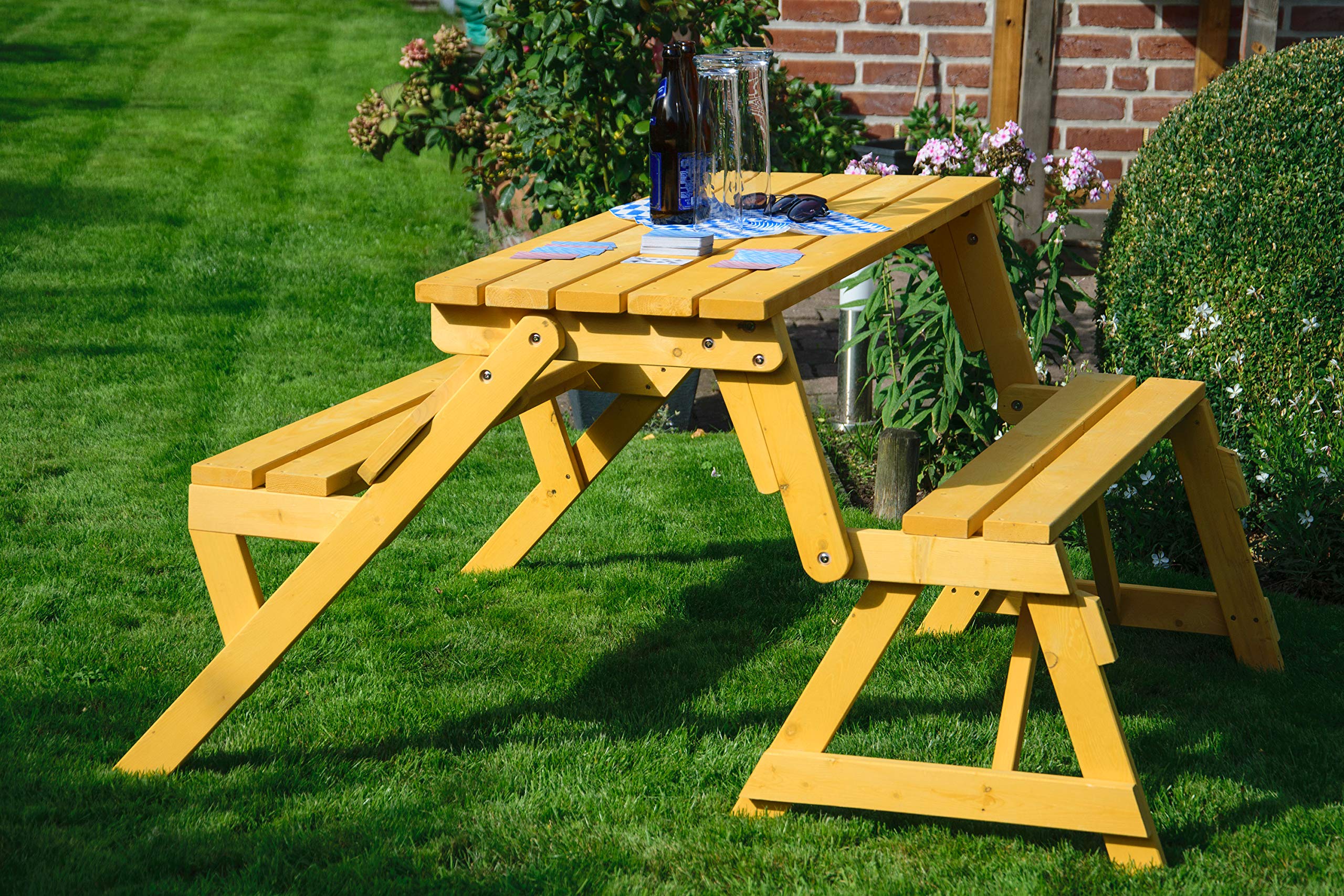 dobar® 29301FSCe Picknickbank 2in1 Groß | Multifunktions Gartenbank | Picknicktisch Massivholz | Sitzbank und Tisch 4 Personen | Sitzgarnitur Outdoor | 138 x 144 x 77 cm | Natur