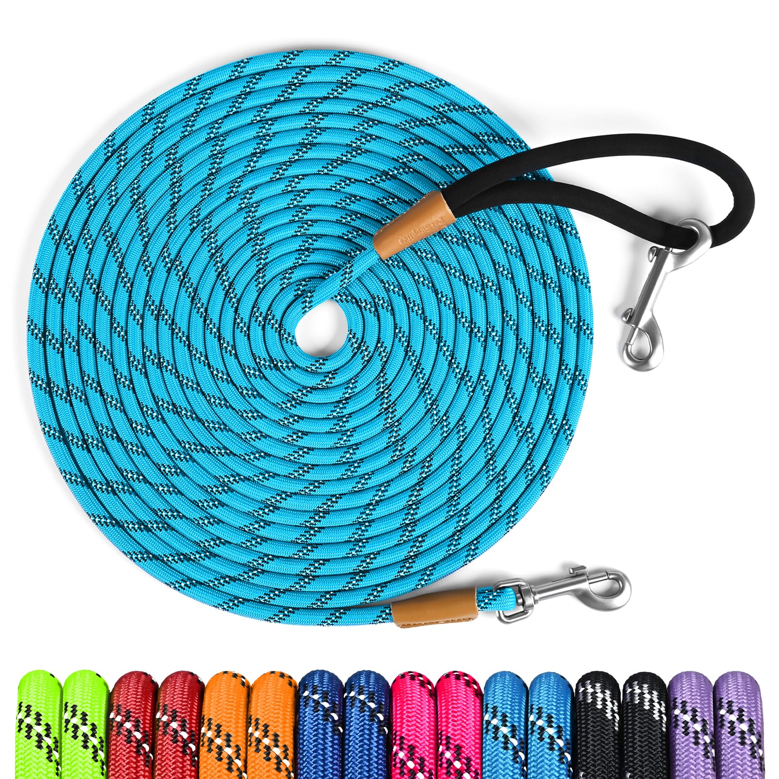 lynxking Long Dog Leash Reflective 15ft 30ft 50ft Check Cord Training Lead Padded Handle Heavy Duty Rope for Puppy Small Medium Large Dogs (Light Blue