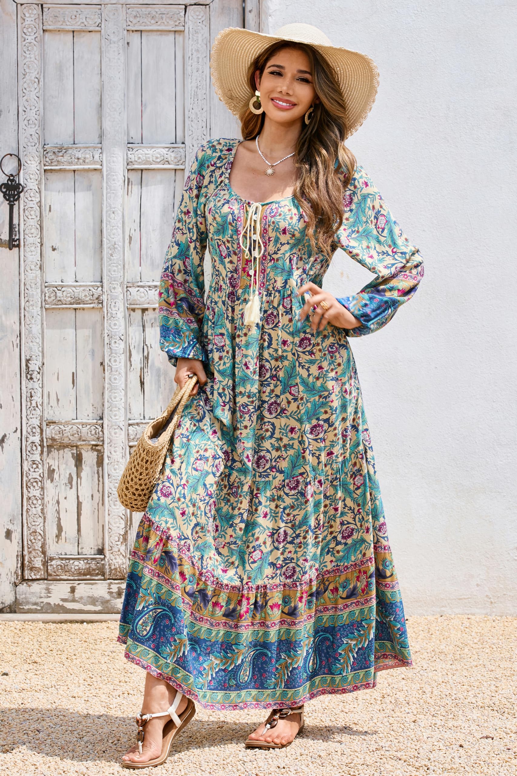 R.Vivimos Donna Quadrato Collo Floreale Maxi Abito Manica Lunga Sciolto Ruffle Vestito Vacanza Spiaggia