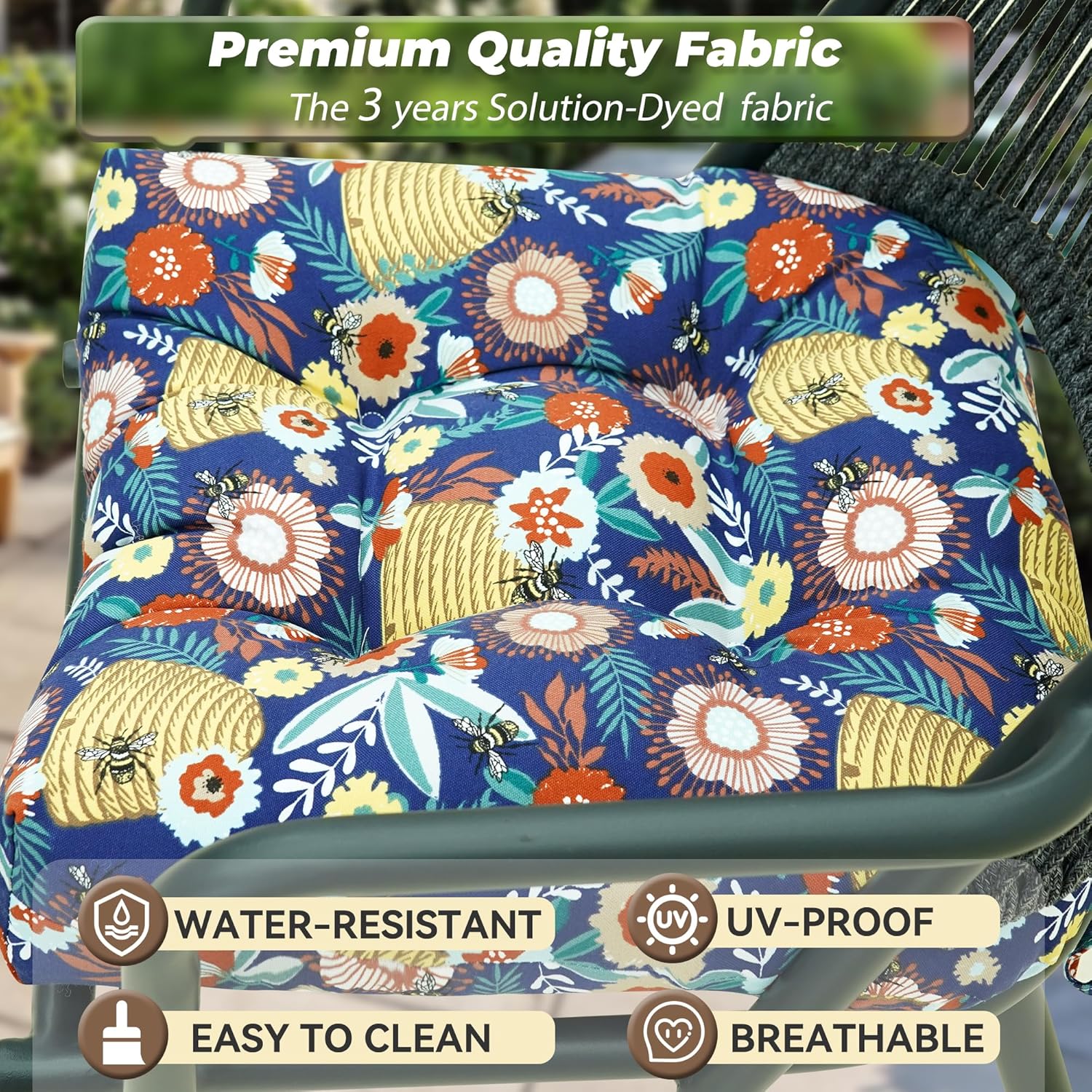 Outdoor Chair Cushions Set of 2,Patio Chair Cushions with Non-Slip Ties,15.5'' x 16'', Fluffy Tufted Outdoor Seat Cushions,Olefin Waterproof Patio Furniture Cushions,Outdoor Dining Chair Pads