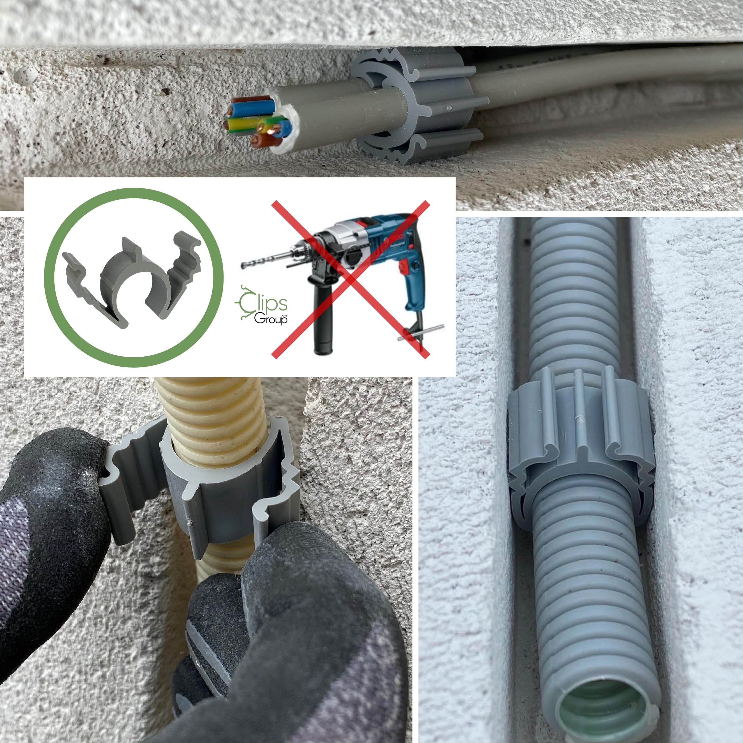 CLIPS-Group PRO clip 50 Stück Rohre und Kabelhalter 16/20/25 mm - Kein Hammer, Kein Bohren | Rohrschellen Klemmschellen Rohrhalterung Rohrclip | Schlaufendübel, Dübelklemmschelle, Kabelclip (8-11 mm)
