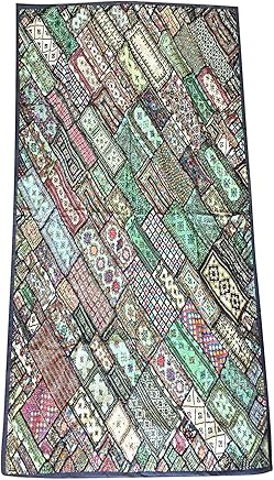 Mogul Vintage Sari Tapestry Embroidered Patchwork Green Wall Hanging Ethnic Home Décor 90x80