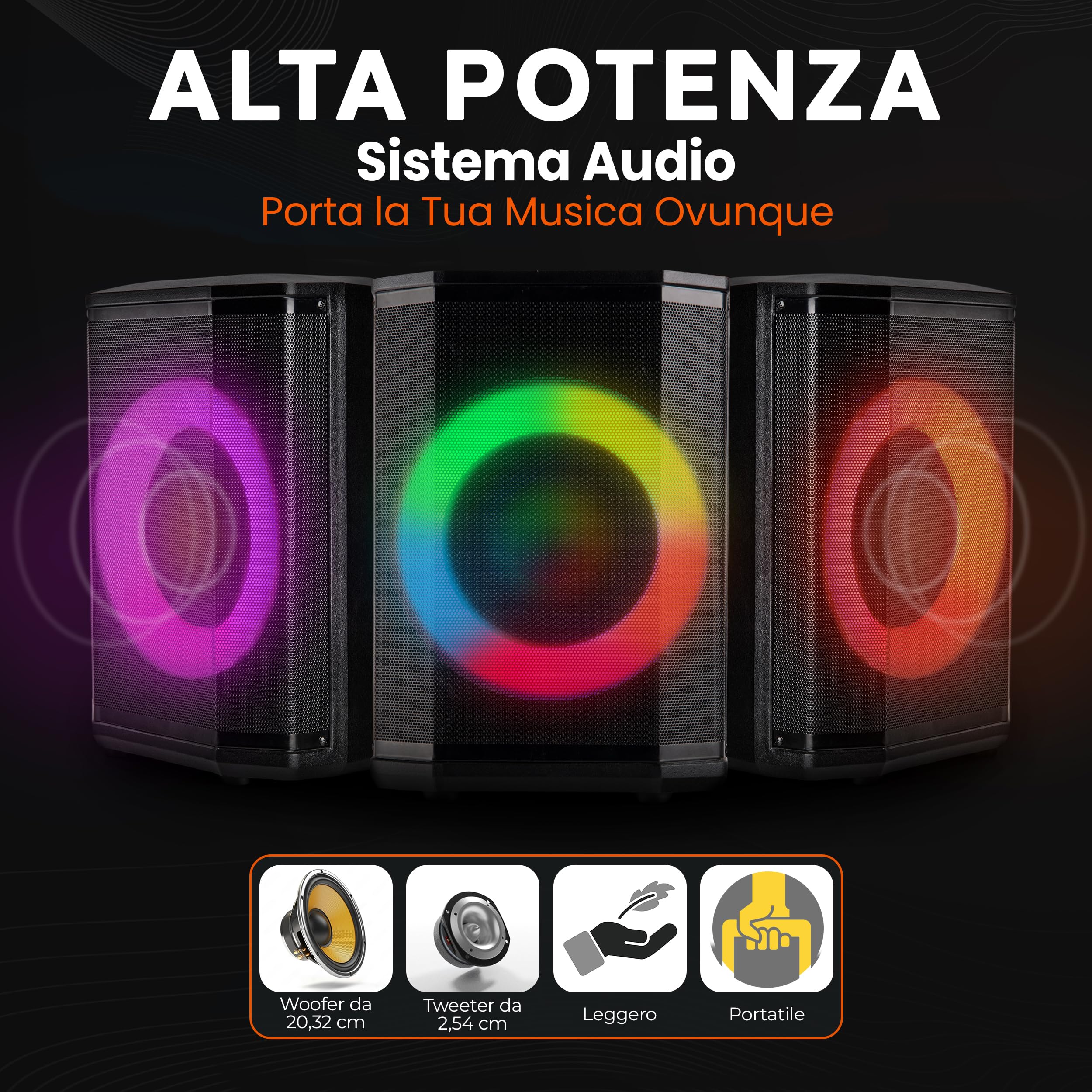 Pyle Cassa Bluetooth Potente, Altoparlante Bluetooth Portatile, Cassa Audio, Speaker, Woofer 20 cm, 120 Watt, Luci Colorate, TWS, Microfono, USB/Micro SD/FM, Tripod, Uso Interno/Esterno
