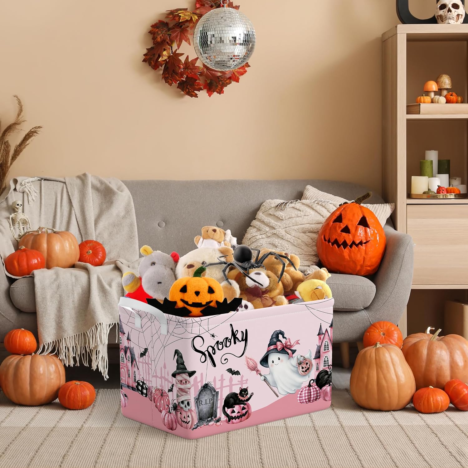 Ghost Pumpkin Storage Basket Pink Halloween Basket with Handles