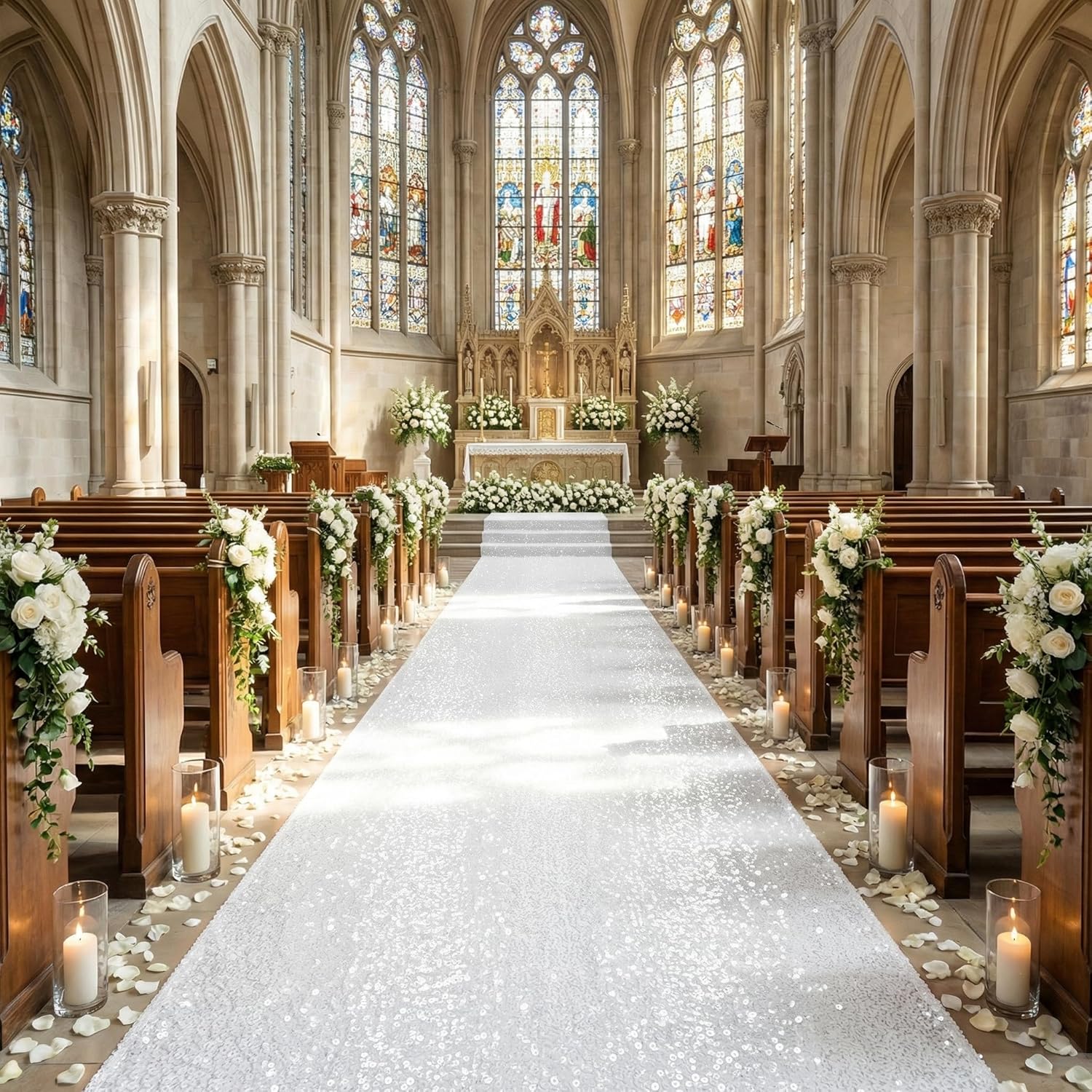 White Aisle Runner for Wedding Ceremony: 2FT×15FT Sequin Fabric - Sparkly Carpet Runner for Thanksgiving Day Bridal Shower Outdoor Grass Floor Indoor Rug Runner Hallway Decor