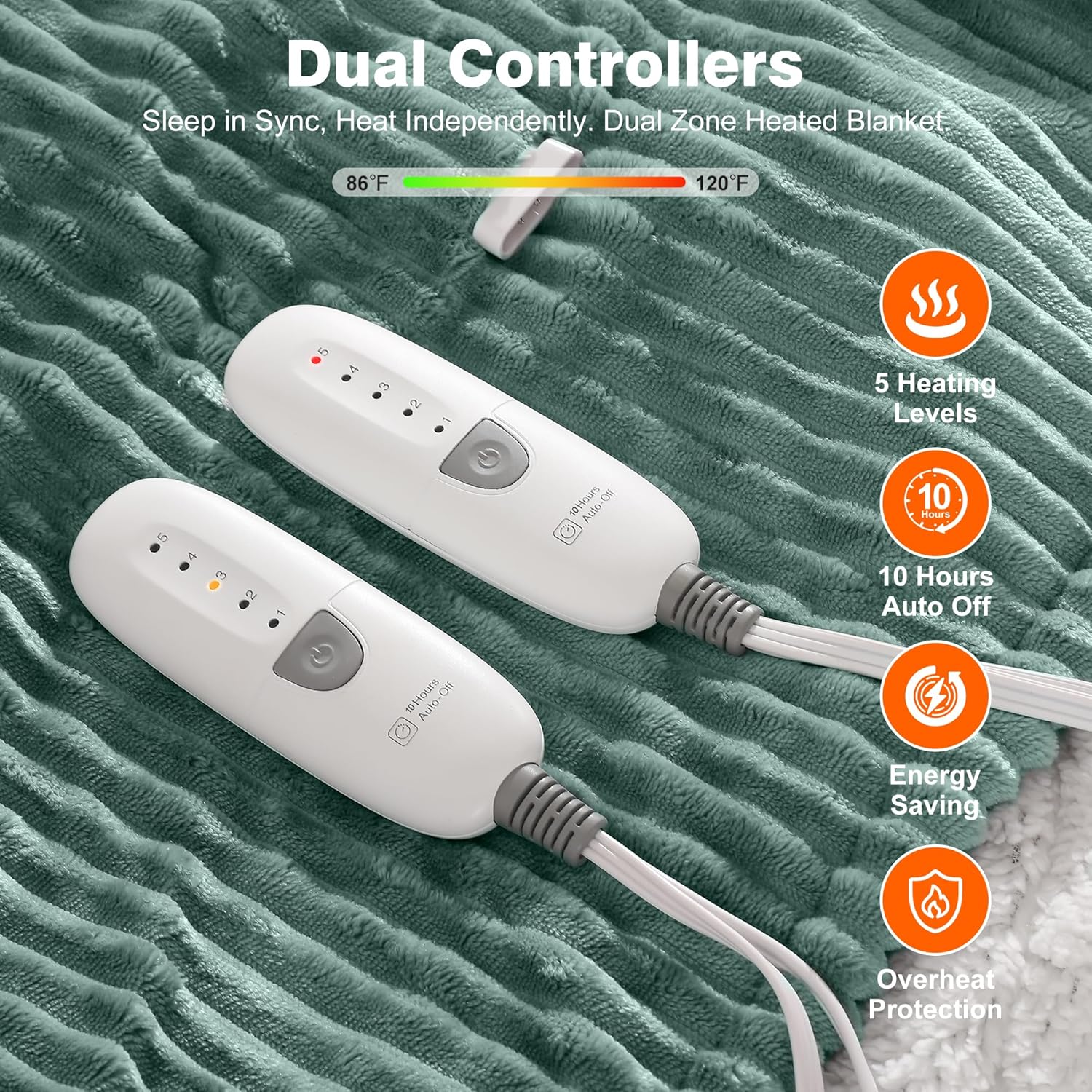 Heated Blanket King Size - Electric Heated Blanket with Dual Controls, 5 Heat Settings, 10-Hour Auto Off, Striped Flannel & Sherpa, FCC/ETL Certified, 90''x100'' Teal - Image 2