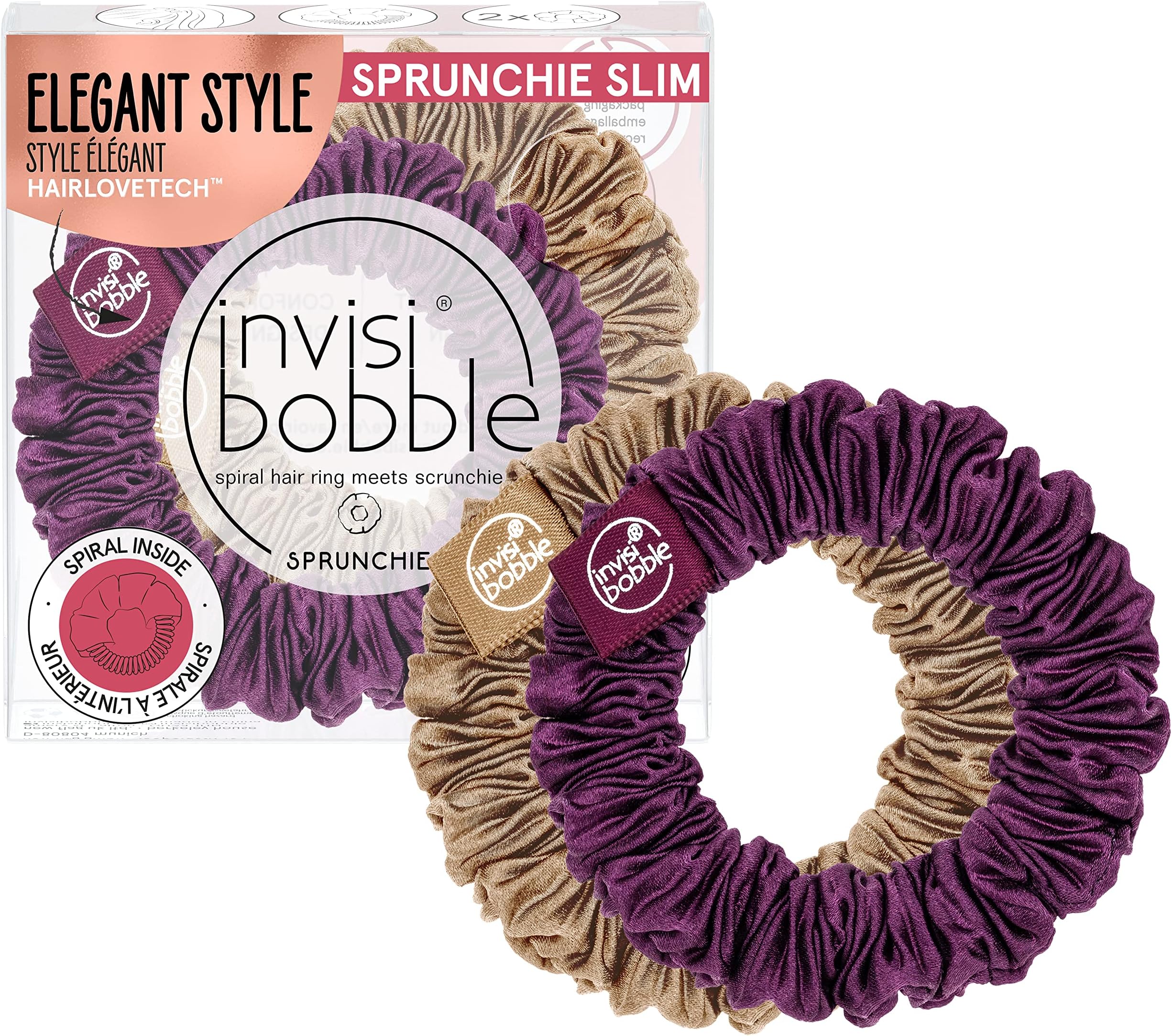InvisibobbleScrunchie, Slim, Purple, Gold, 2x Pleated Fabric Hair Bobbles for Girls and Women, Strong Hold and Gentle on the Hair, Designed in the Heart of Munich