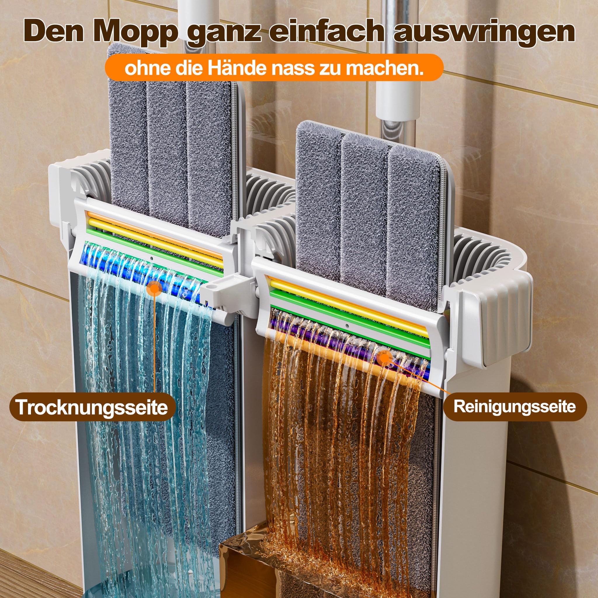 CTIME Kit de serpillère avec seau, seau plat mains libres avec serpillère, kit de nettoyage pour le sol avec 2 serpillères en microfibre, utilisation humide et sèche, système de nettoyage des sols (33
