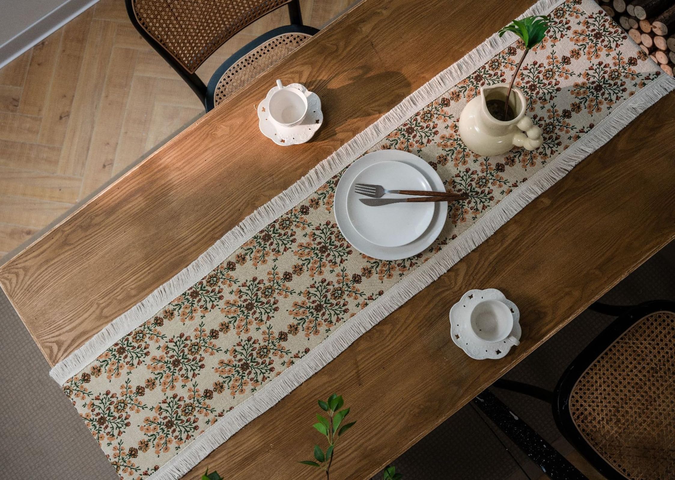 Beige Gelb Tischläufer Baumwolle Leinen, Esstisch Tischläufer Abwaschbar Jacquard Pflaumenblüte Muster mit Quasten Tischdecke für Küche Esstisch Dekor, 30x220 cm, Beige Gelb