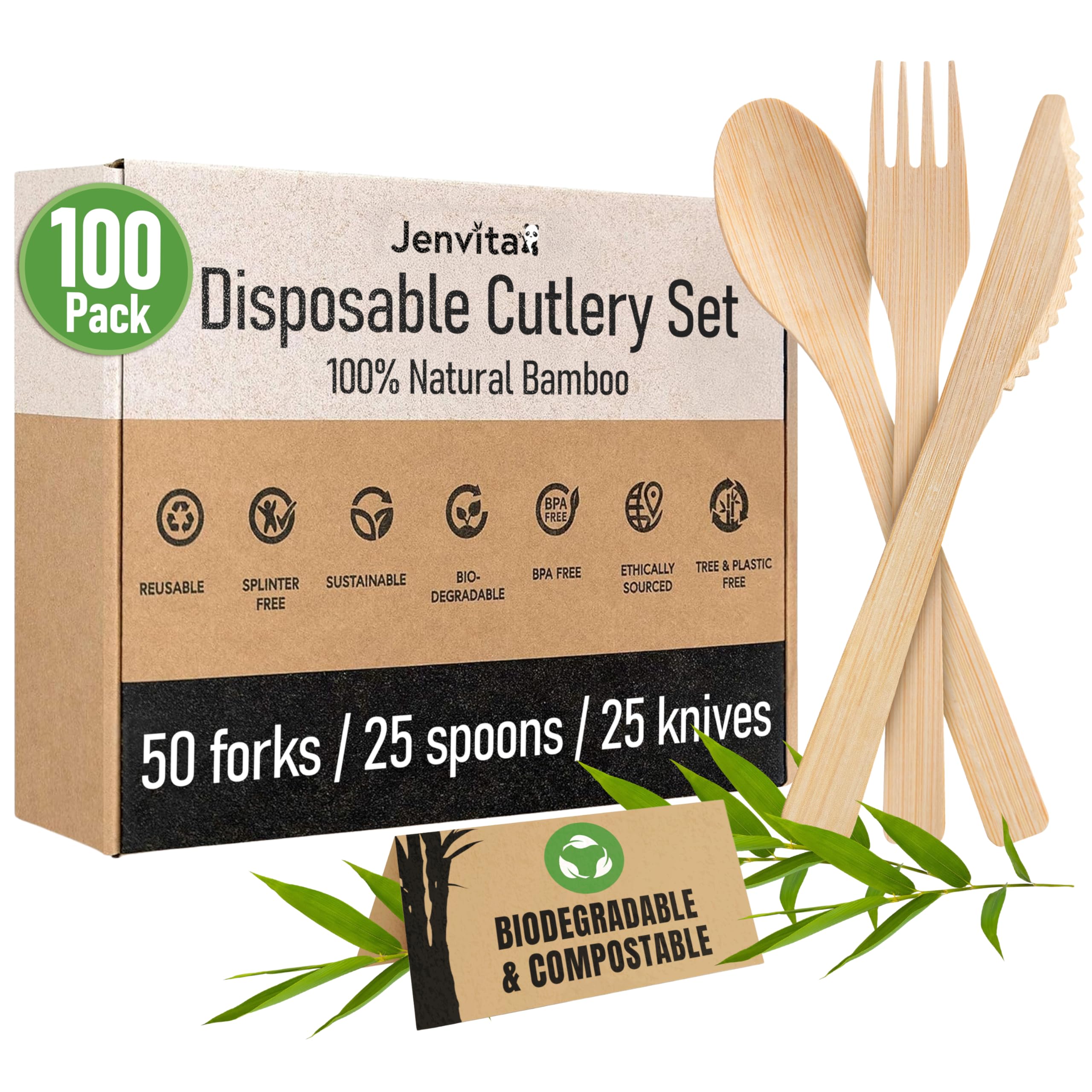 Ibambo 100% Bamboo Utensils Set - 100x Compostable Cutlery Set (50 Compostable Forks, 25 Disposable Spoons, 25 Biodegradable Knives) | Bamboo Silverware | FSC Certified for Weddings, Camping, Party