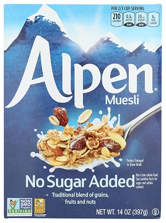 Alpen Muesli No Sugar Added Cereal, Heart Healthy Cereal with Wheat Flakes, Rolled Oats, Nuts and Raisins, Non-GMO Project Verified, 14 OZ Box Pack of 1