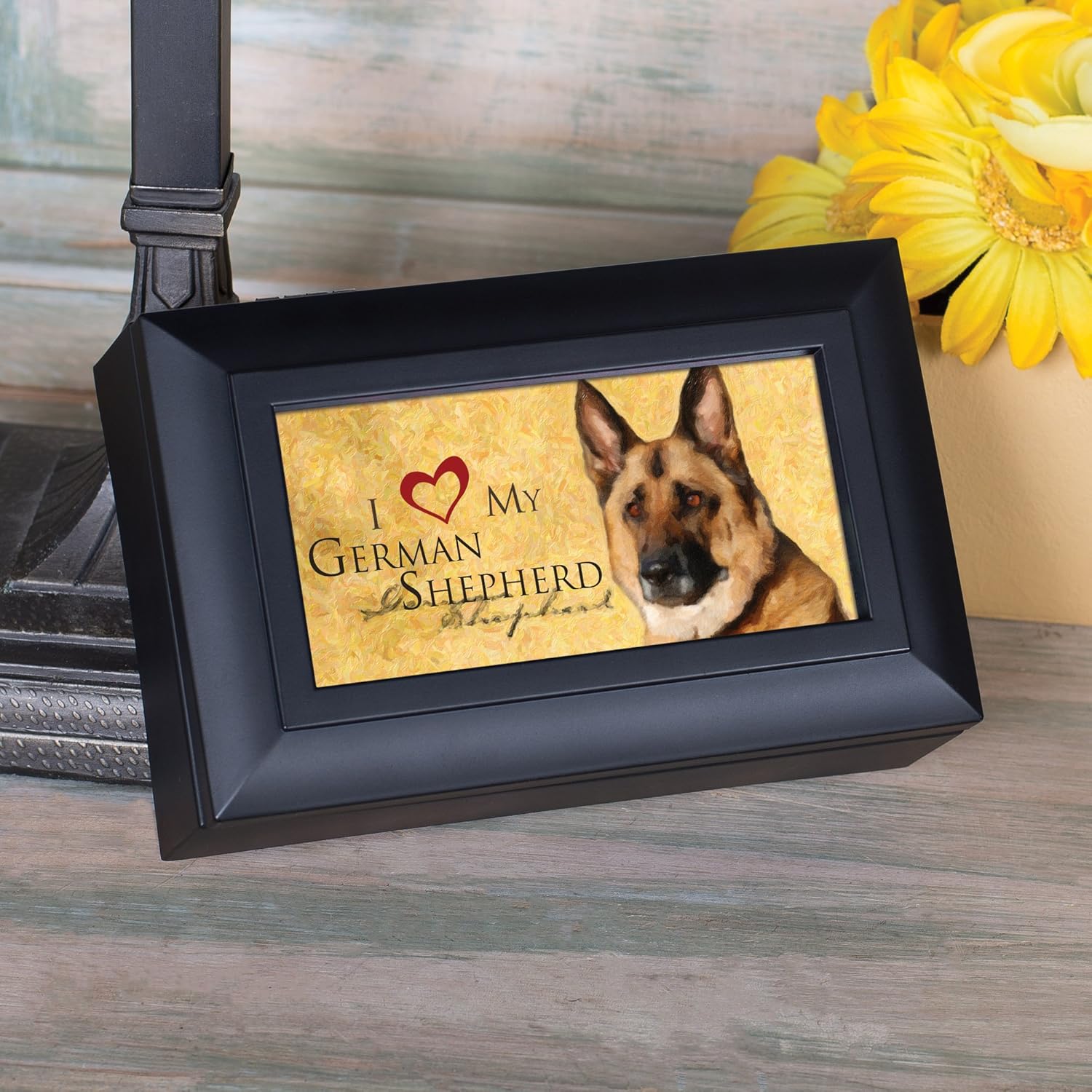 Cottage Garden Love My German Shepherd Matte Black Jewelry Music Box Plays Wonderful World