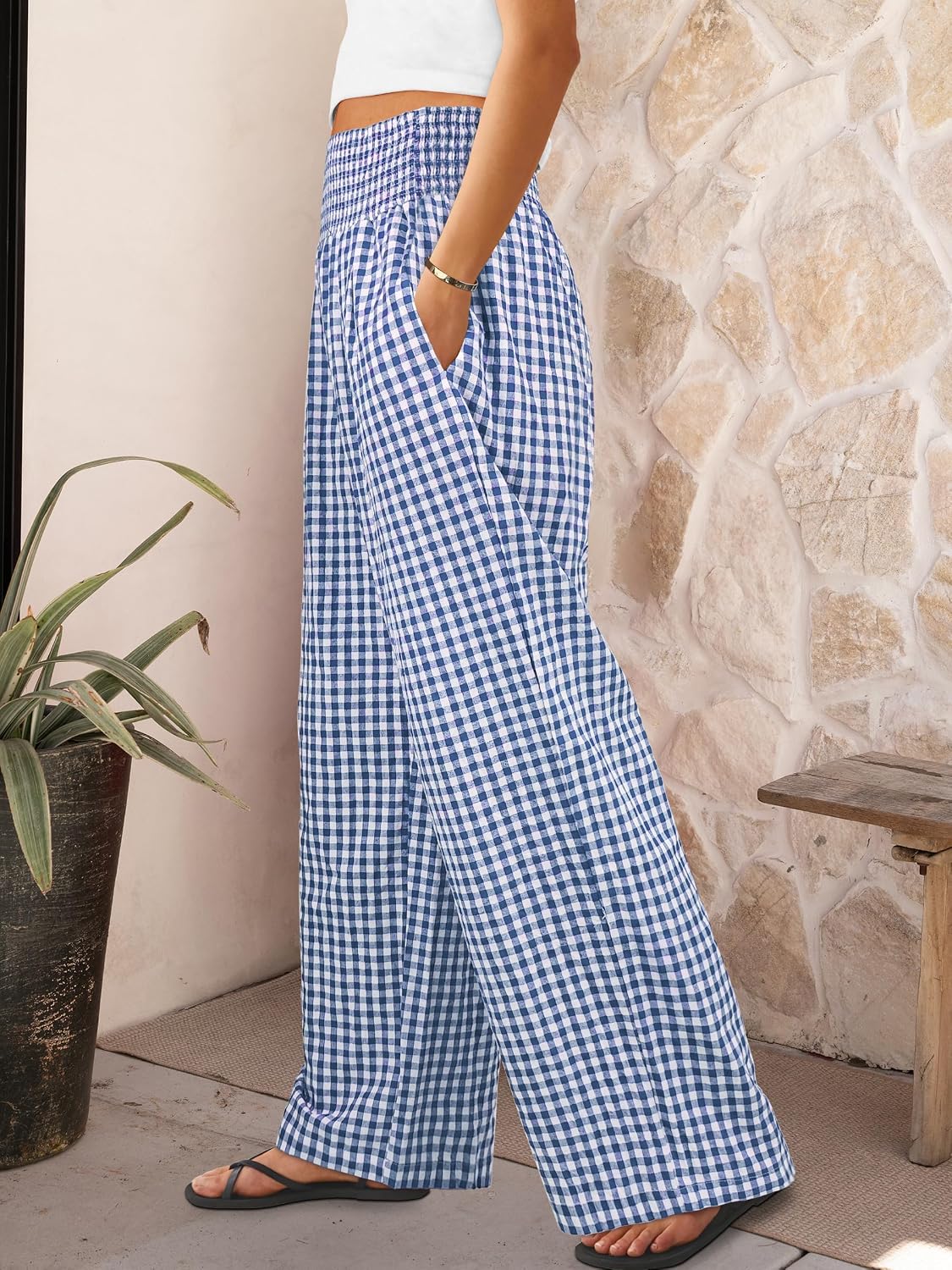 ANRABESS Womens Striped Gingham Wide Leg Palazzo Pants with Pockets