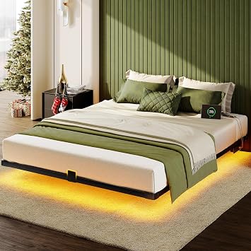Floating Bed Frame Full Size, Smart LED Lights & Charging Station, 9.45" High Clearance, Mattress Slide Stopper, Noise-Free, No Box Spring Needed, Easy Assembly