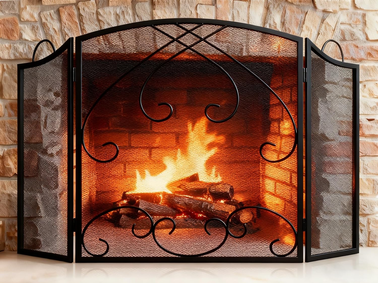 Gtongoko 3 Panel Fireplace Screen with Handles 48" W x 29" H New Version Modern Wrought Iron Decorative Large Fire Spark Guard Grate Heavy Duty for Living Room Home Outdoor Decor, Black