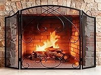 Gtongoko 3-Panel Wrought Iron Fireplace Screen with Handles - 48" W x 29" H Heavy Duty Spark Guard, Black Decorative Fire Grate