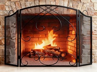 Gtongoko 3-Panel Wrought Iron Fireplace Screen with Handles - 48" W x 29" H Heavy Duty Spark Guard, Black Decorative Fire Grate