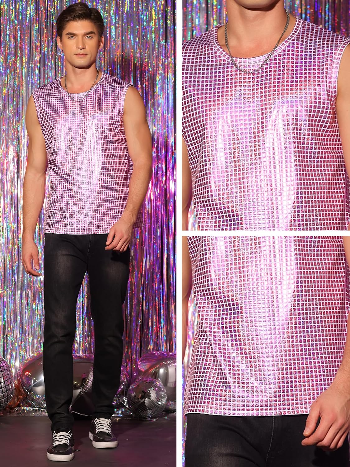Lars Amadeus Metallic Tank Top for Men's Sleeveless Party Club Shining Vest