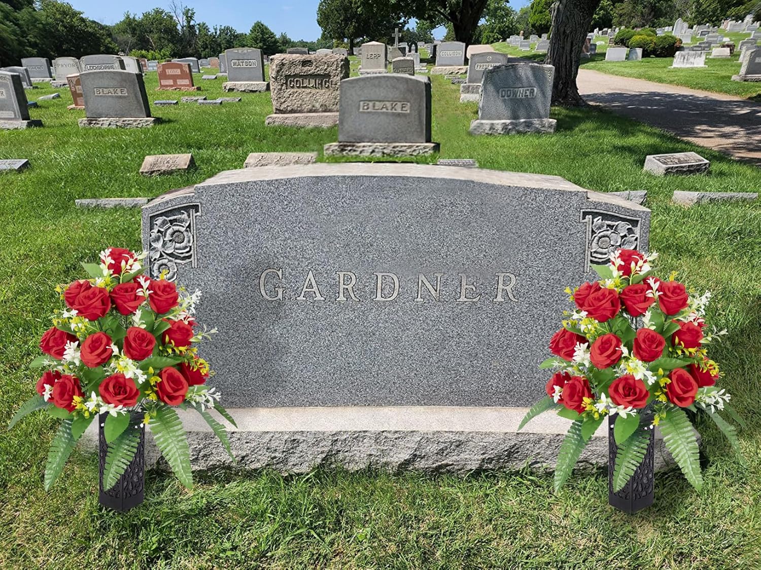Artificial Cemetery Flowers – Grave Decorations, Cemetery Flowers for Grave Vase, Artificial Rose, Silk Flowers for Long-Lasting Remembrance(red, 2 Bouquets) - Image 3