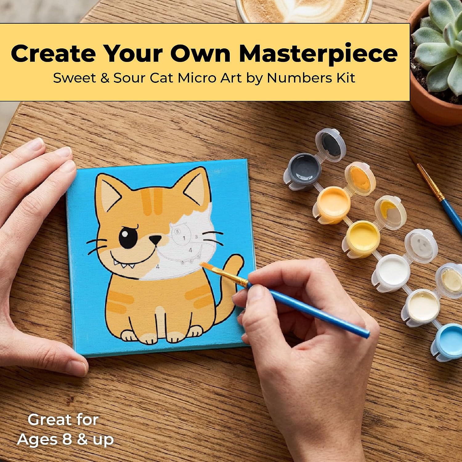 GAMAGO Sweet and Sour Cat Micro Art by Numbers Kit (3.5 x 3.5 in) Paint by Number Set with Acrylic Paints & Brushes, Cute Animal Craft for Kids, Teens & Adults, Travel Art Activity image 2