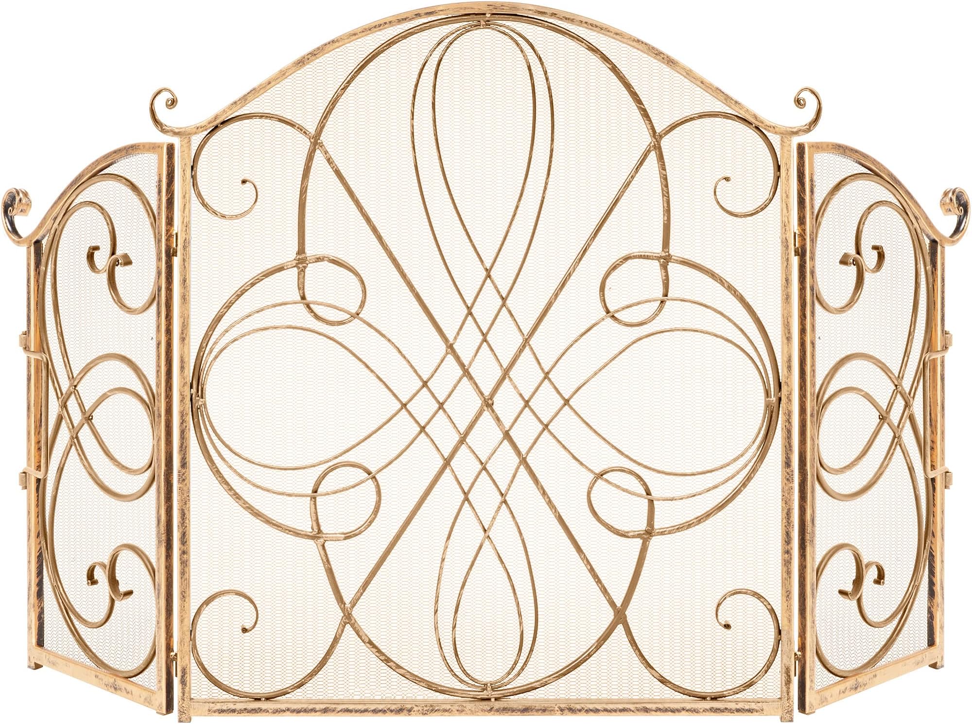 Best Choice Products 3-Panel 55x33in Solid Wrought Iron See-Through Metal Fireplace Screen, Spark Guard Safety Protector w/Decorative Scroll - Gold