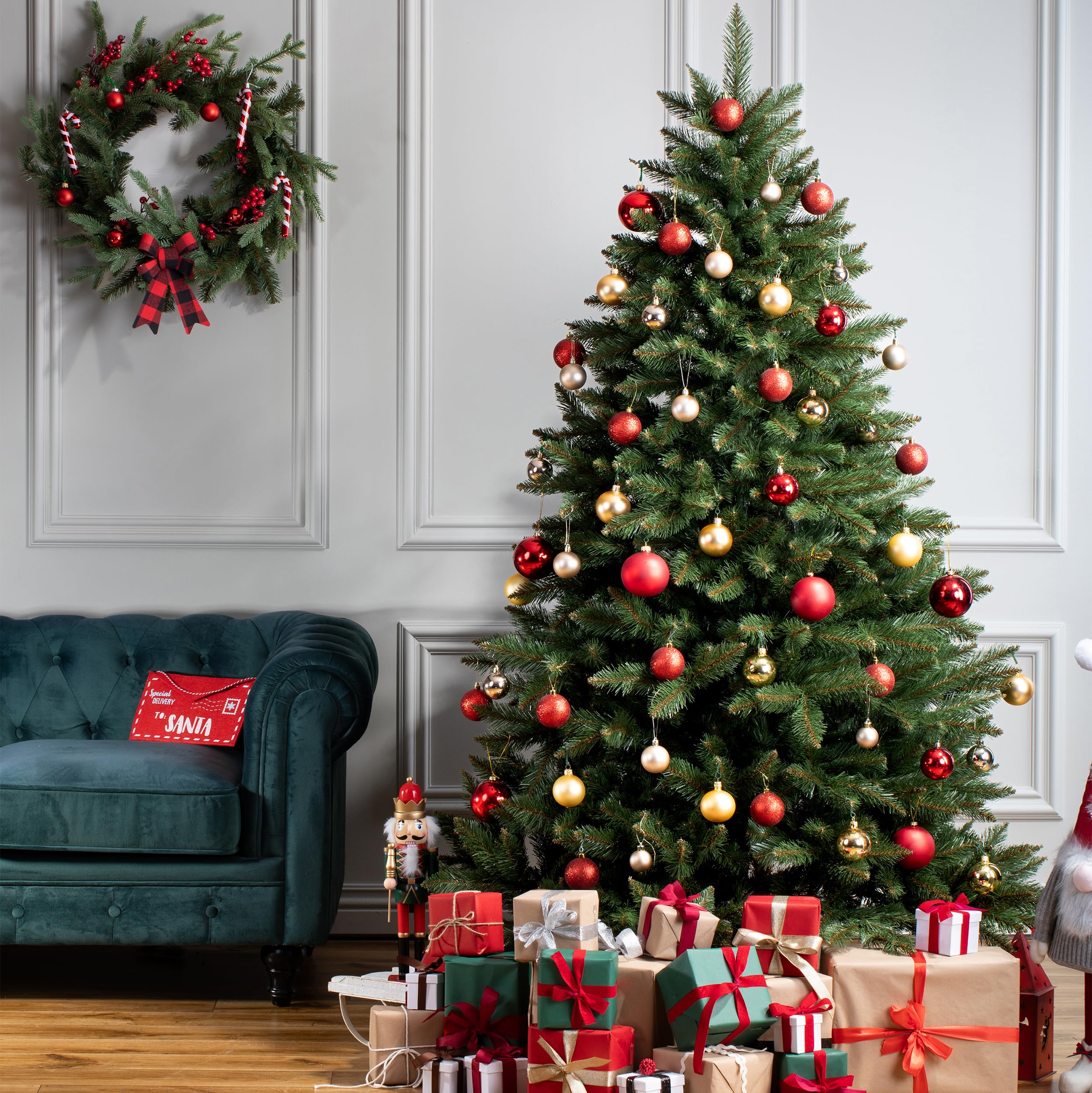 FAIRYTREES Sapin de Nordmann, Tronc Vert, Sapin de Noël Artificiel, matériel PVC, Socle en Bois, 180cm
